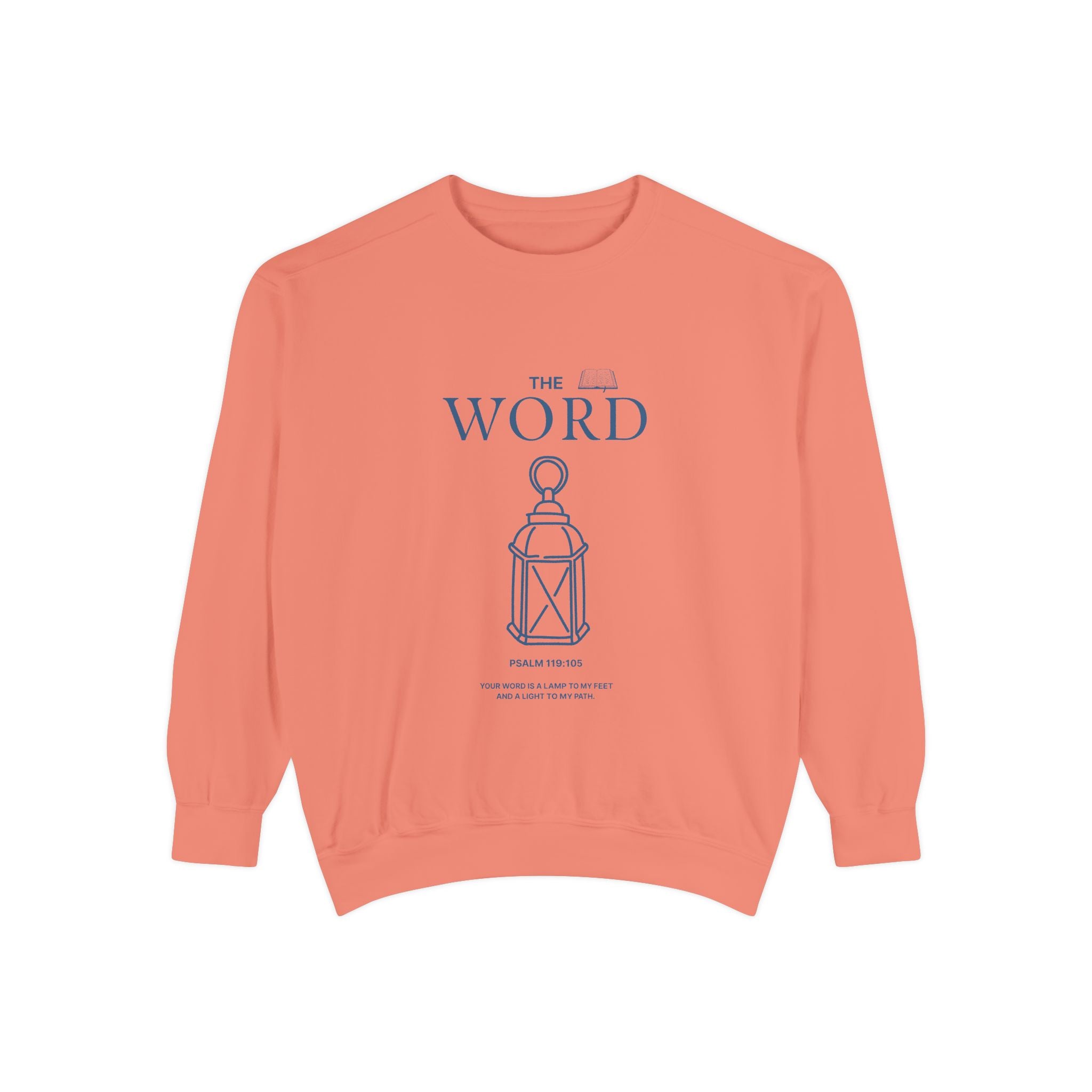 peach sweatshirt with 'The Word' graphic design on a white background