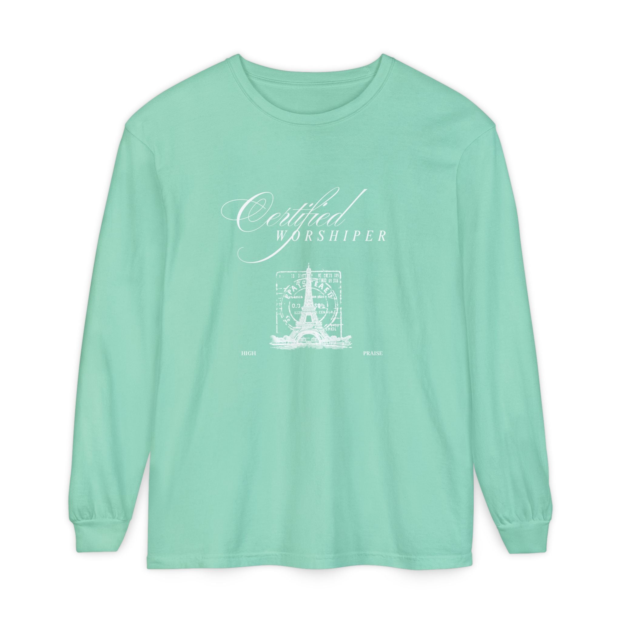 Mint green long-sleeve shirt with white text and design on a white background