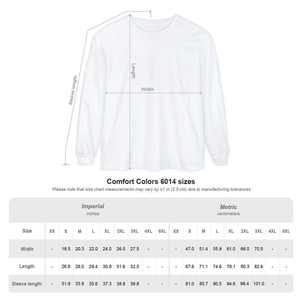 Whitelong-sleeve tee with measurement chart on a white background