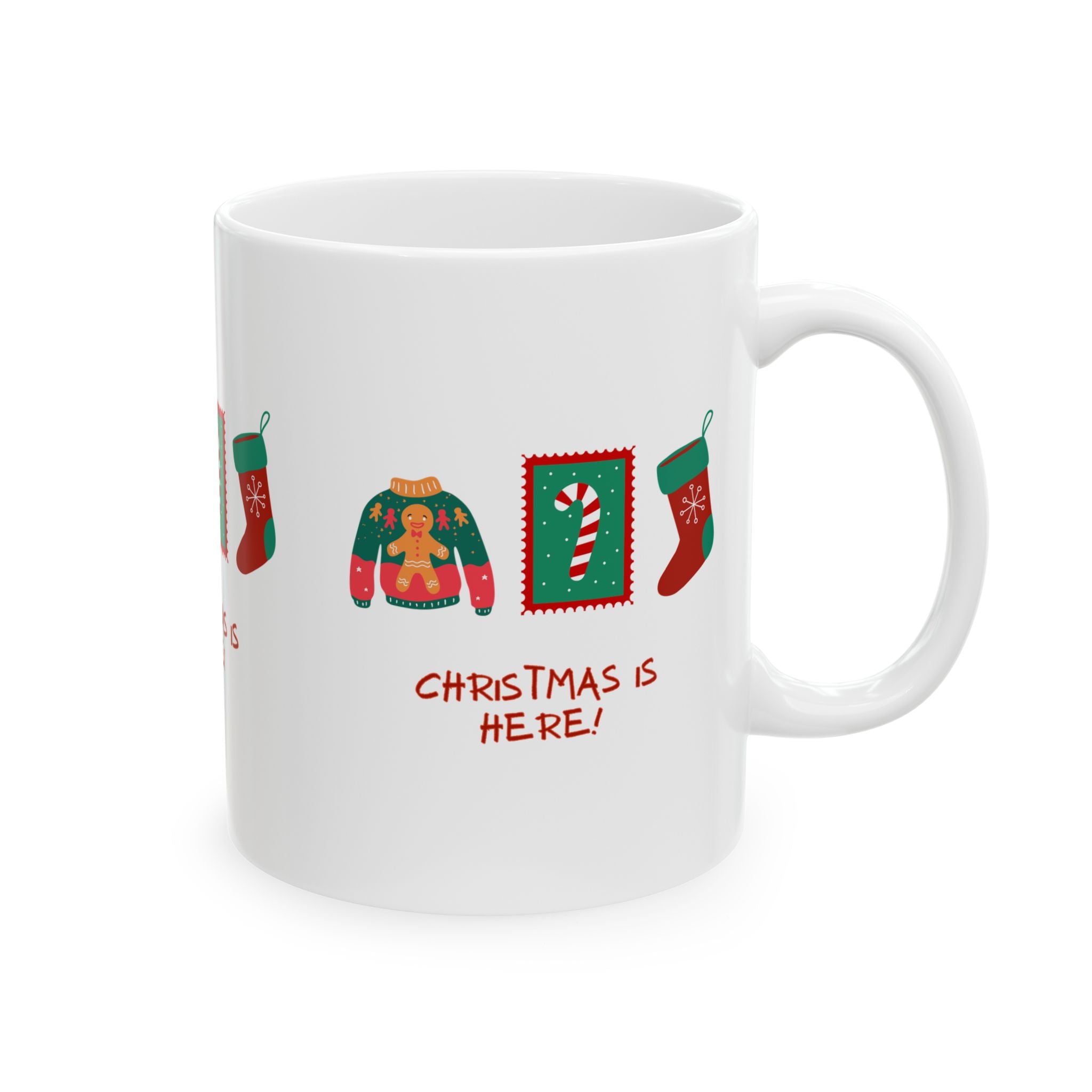 White mug with Christmas-themed designs and text on a white background