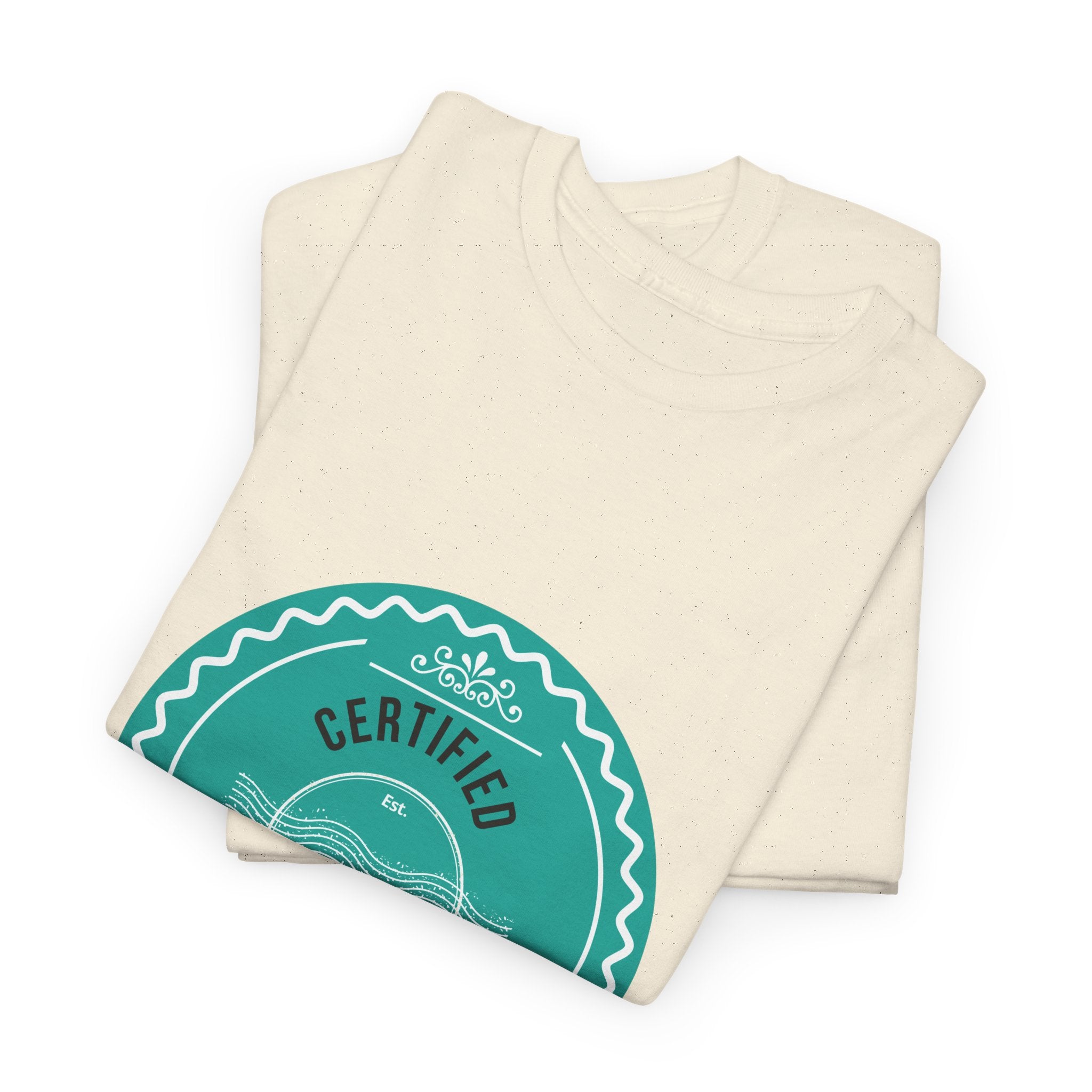 Folded natural color fabric with a teal 'Certified' label on a white background