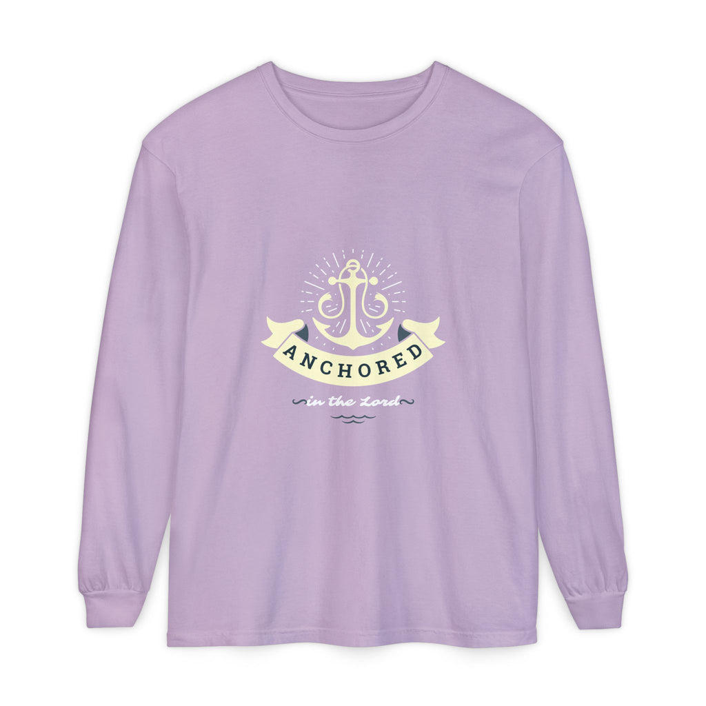 Purple long-sleeve shirt with an anchor design and text on a white background