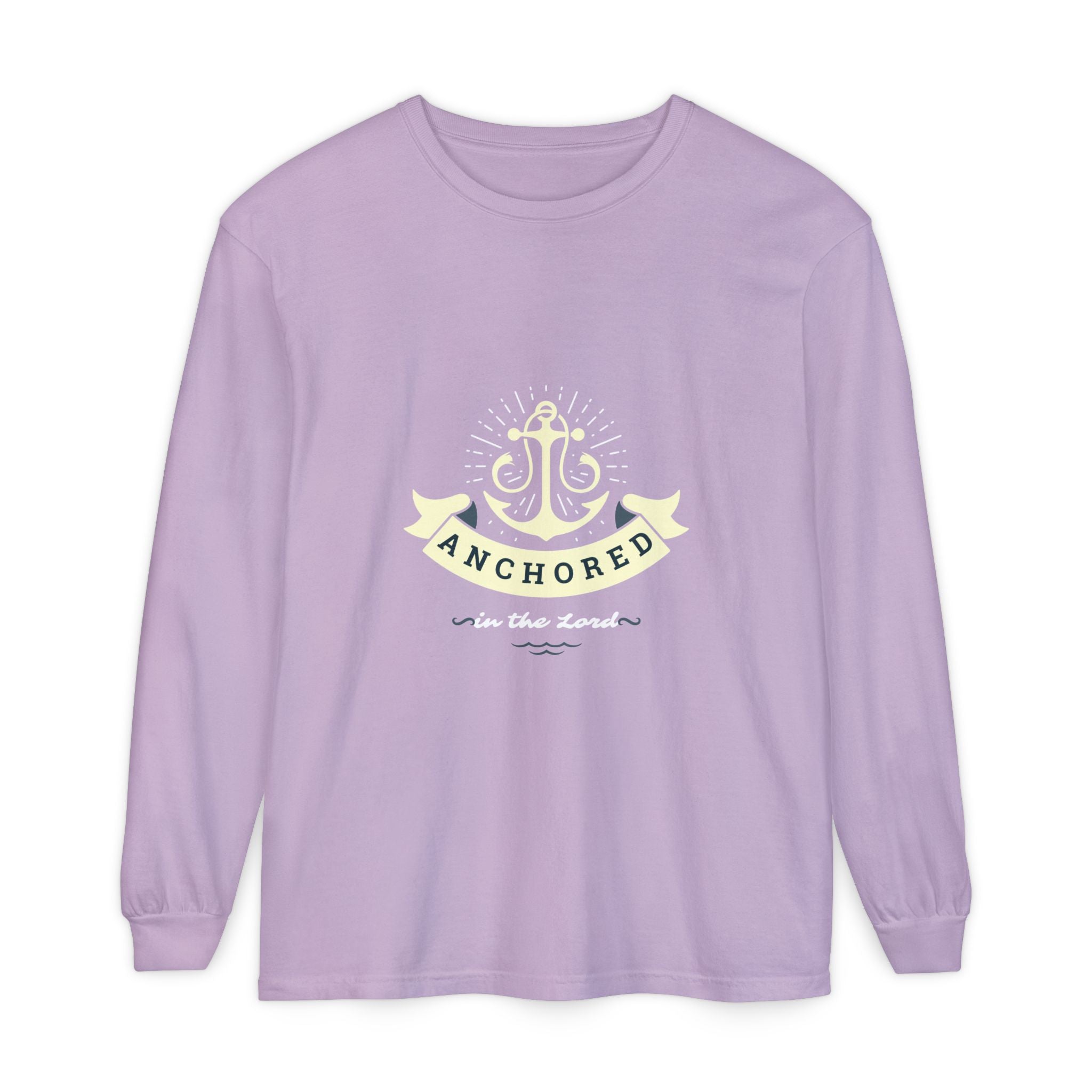 Purple long-sleeve shirt with an anchor design and text on a white background