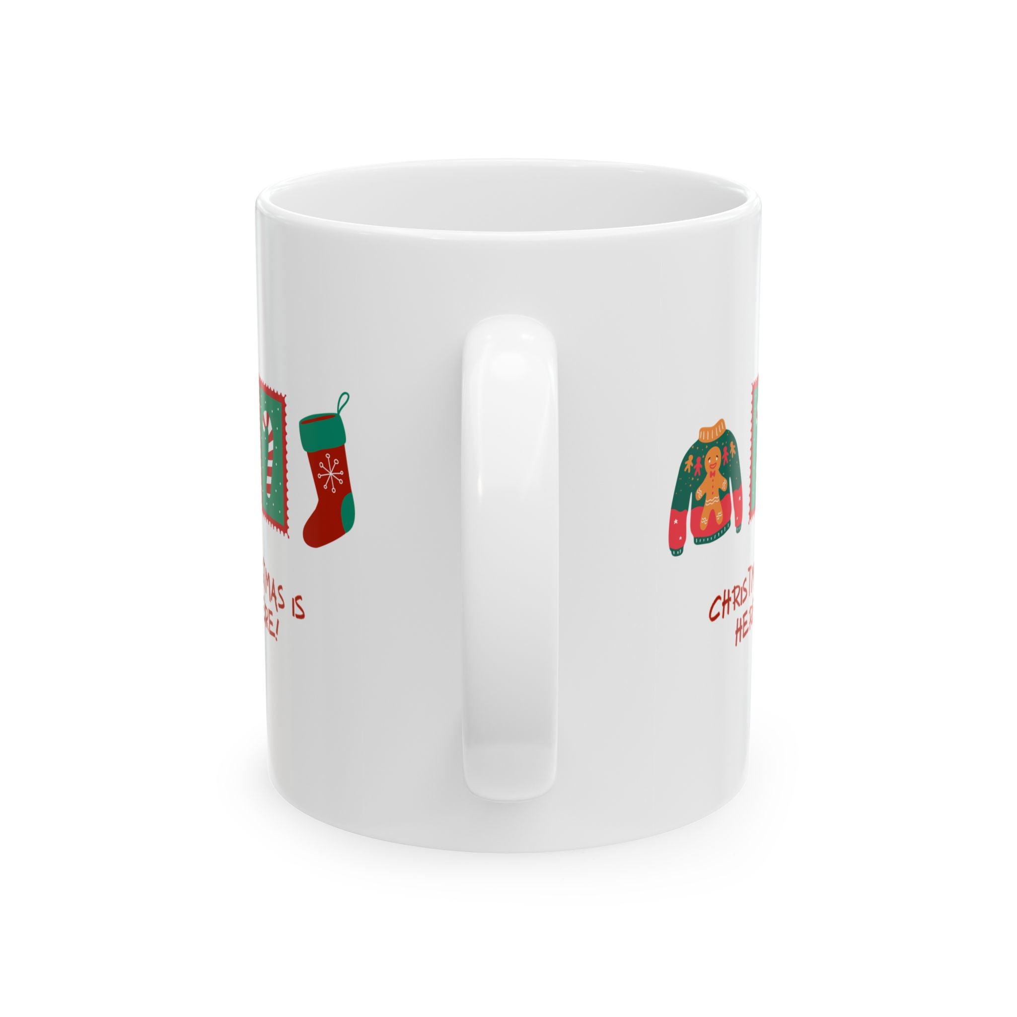 White mug with Christmas-themed designs on a white background