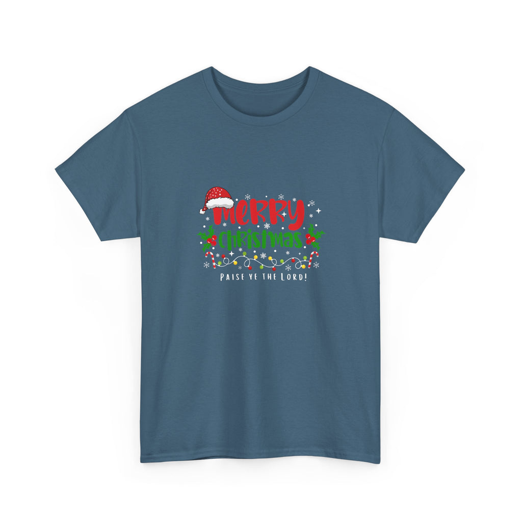 Blue t-shirt with Christmas-themed design on a white background