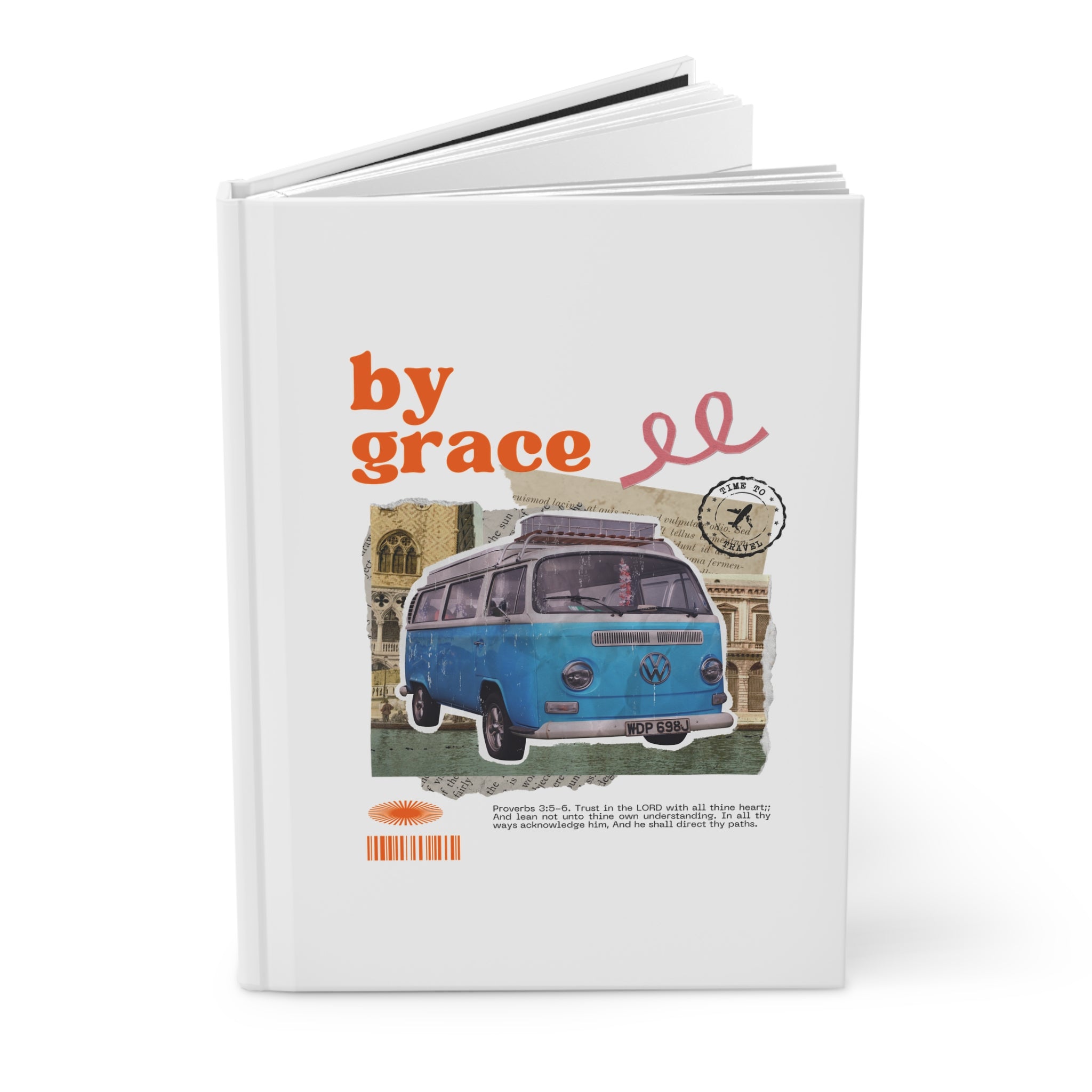 Book with a blue van illustration and 'by grace' text on a white background