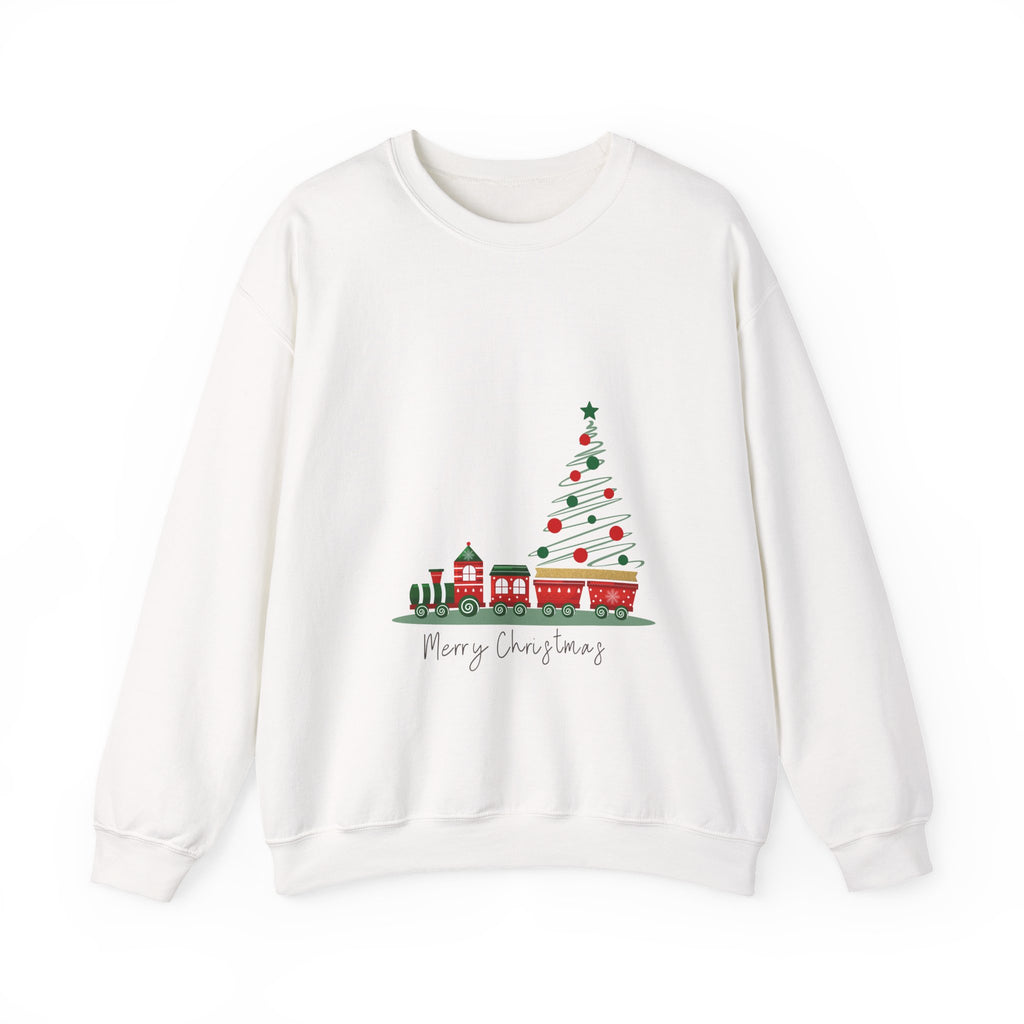 White sweatshirt with a Christmas tree and train design on a white background