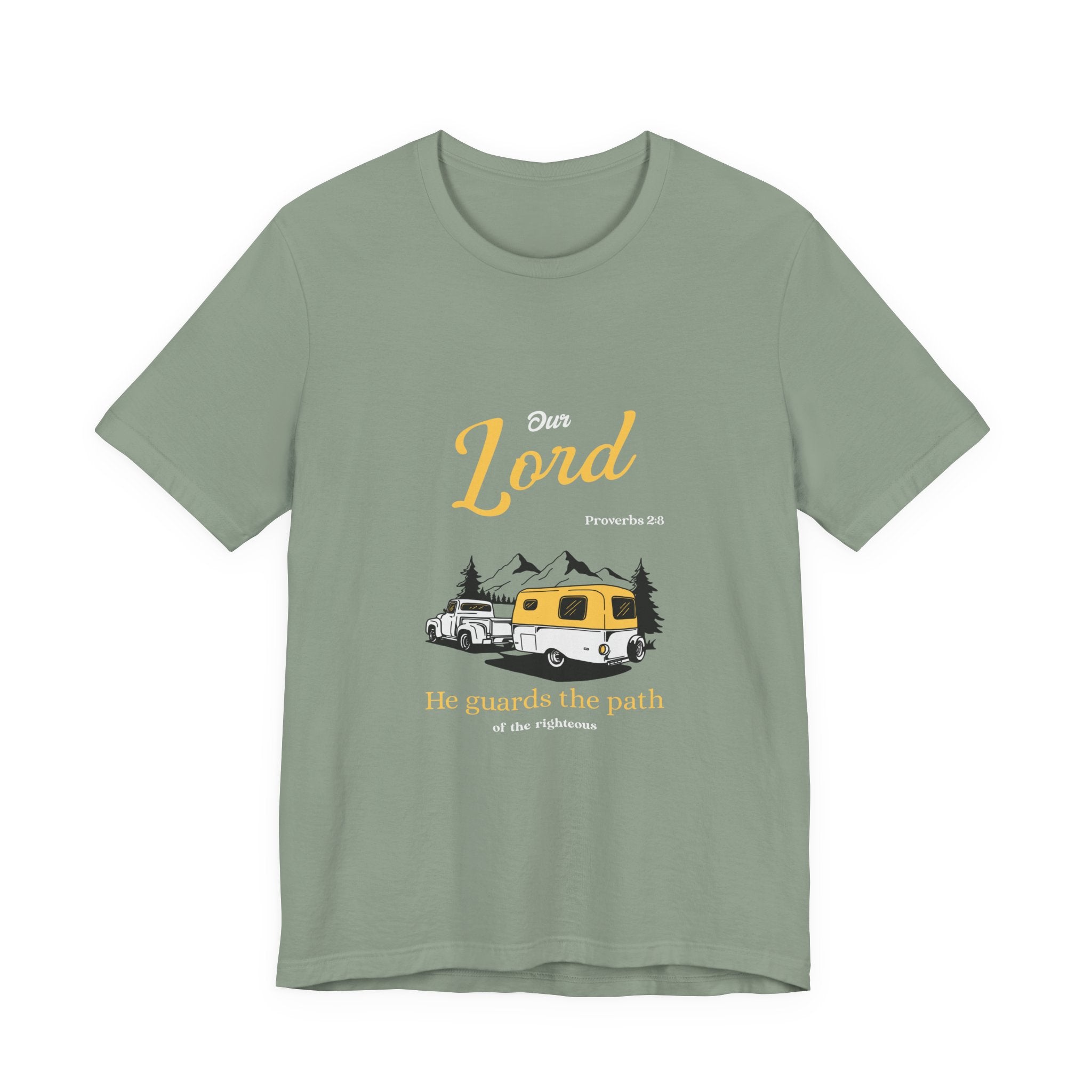 Green t-shirt with a graphic design of a camper van and mountains on a white background