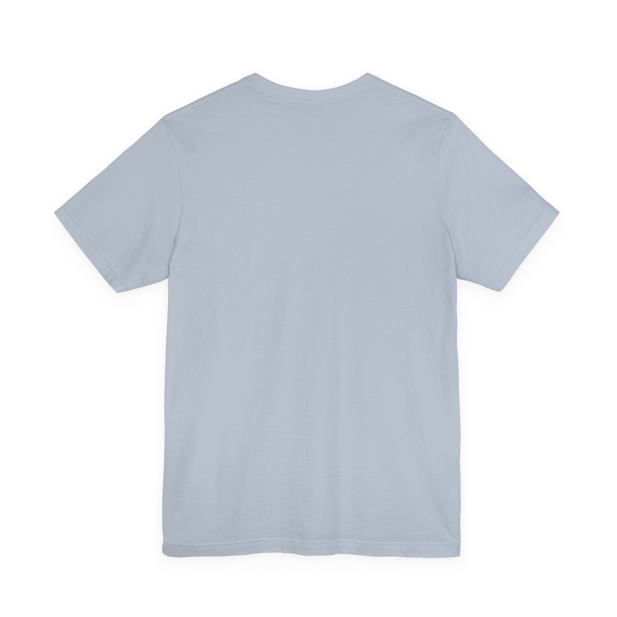 Plain back view of light blue t-shirt on a white background