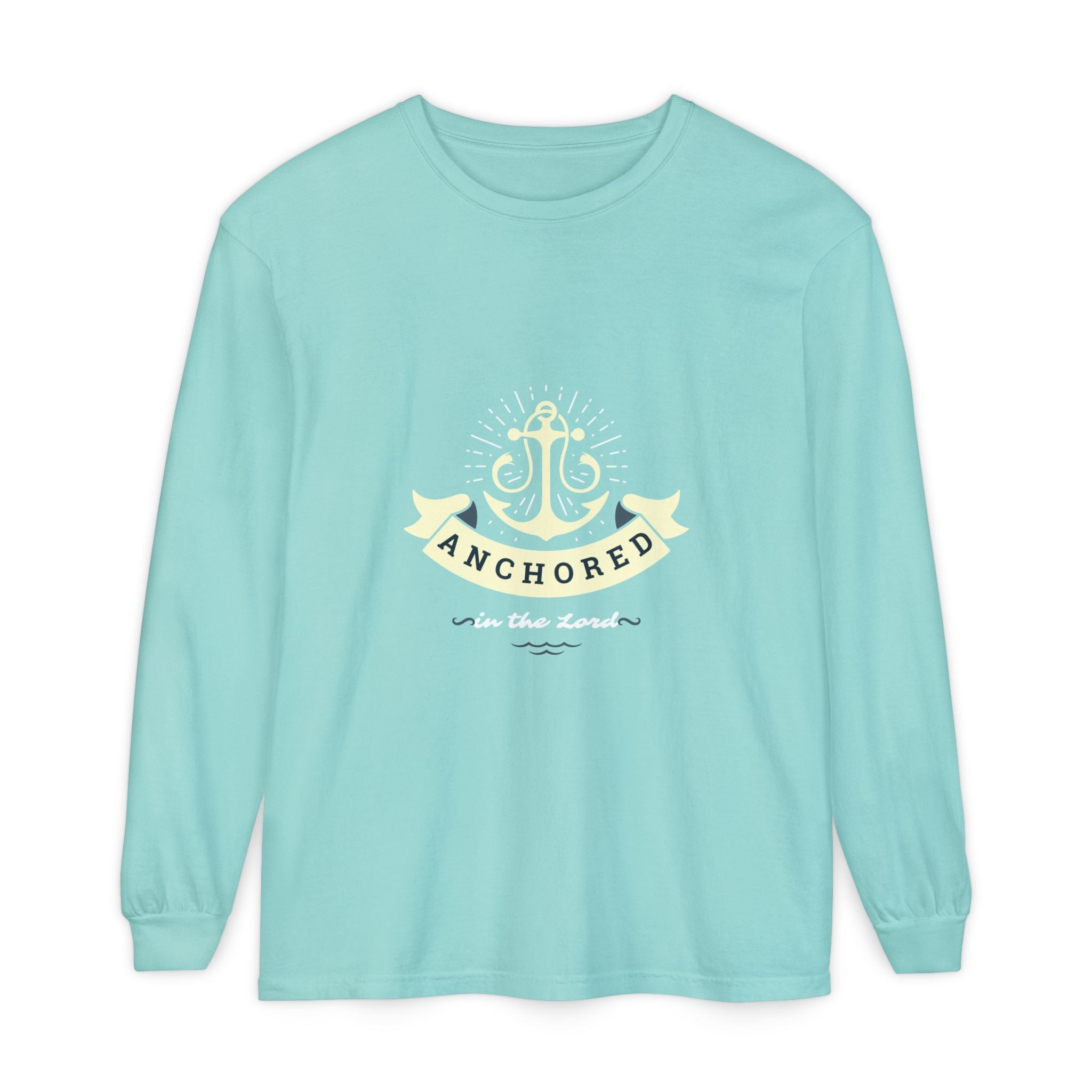 Light blue long-sleeve shirt with anchor design and text on a white background