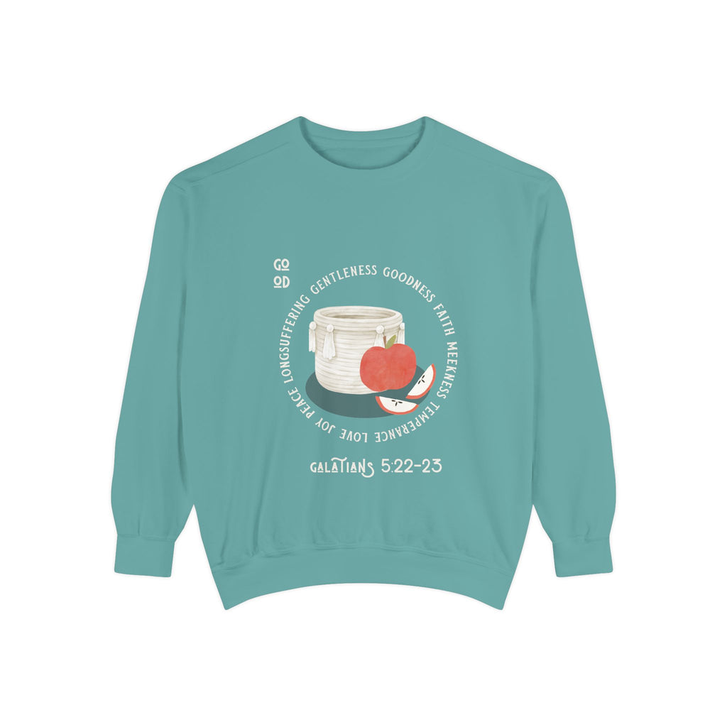 Teal sweatshirt with a graphic design on a white background