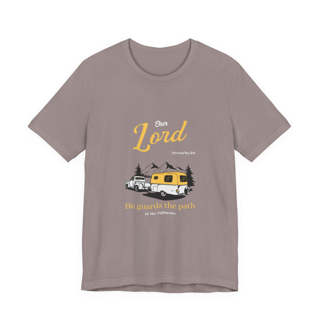 Brown t-shirt with a graphic design of a camper van and text on a white background