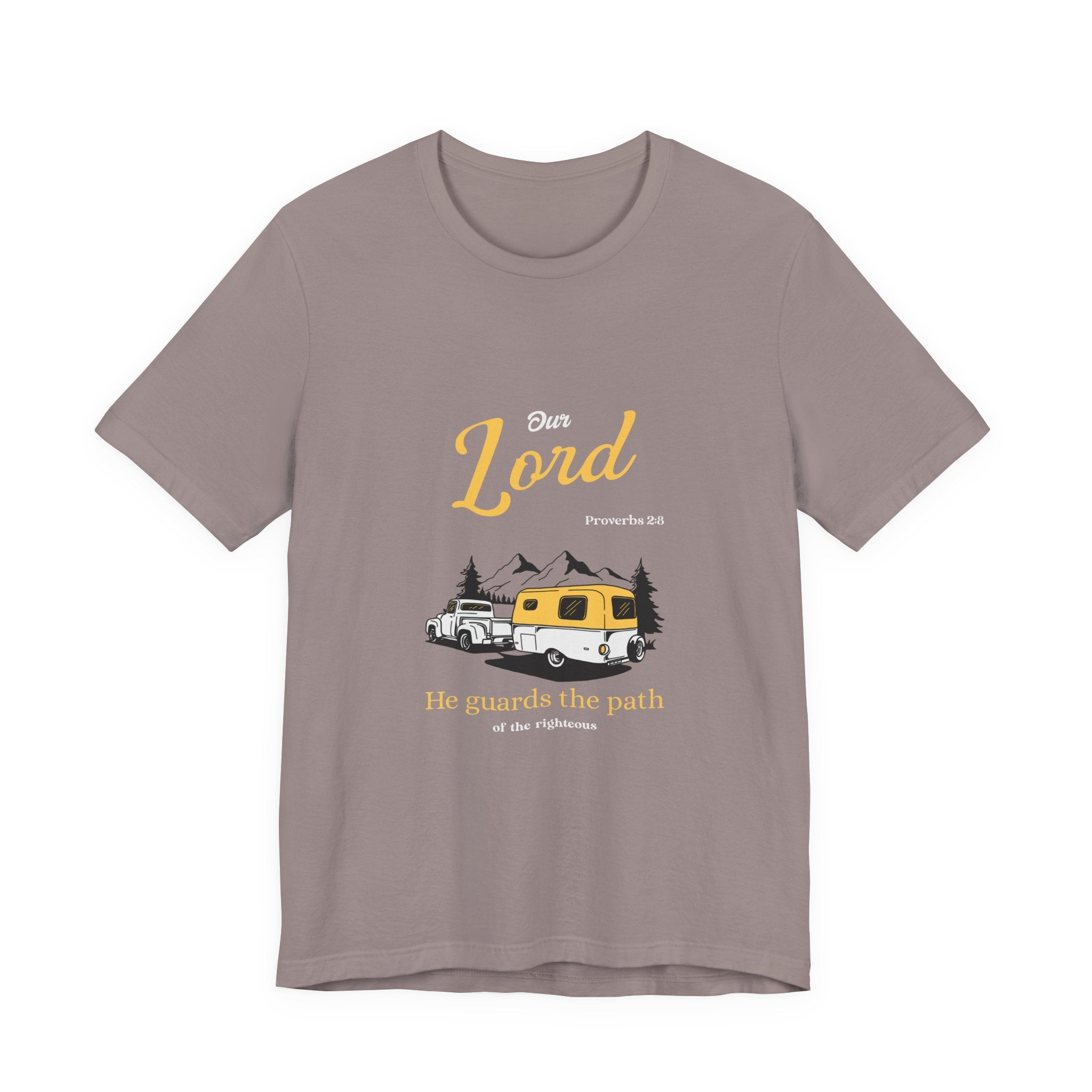 Brown t-shirt with a graphic design of a camper van and text on a white background