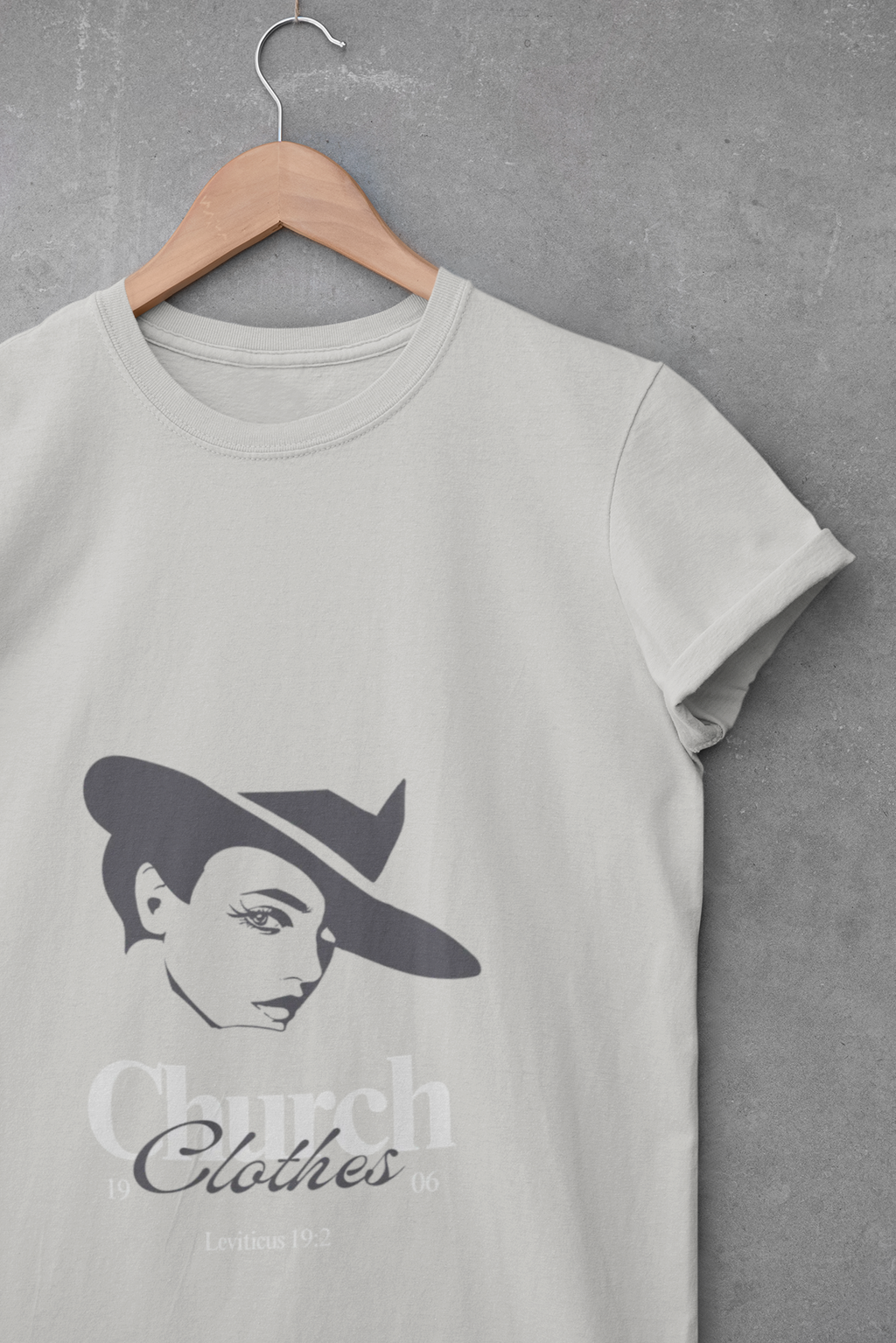 light Gray t-shirt with a graphic of a woman wearing a hat and 'Church Clothes' text on a gray background