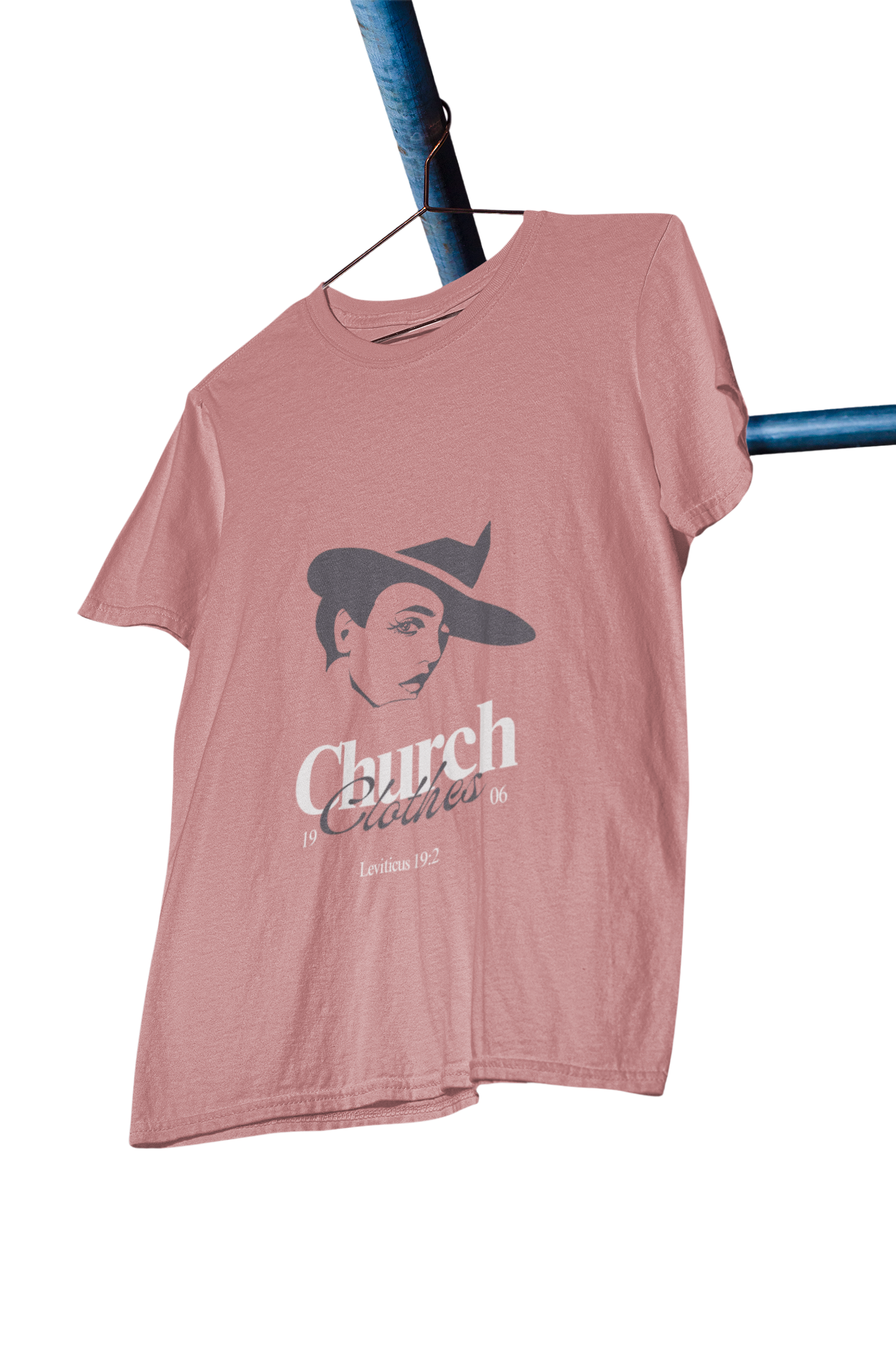 mauve t-shirt with graphic design and text on a white background