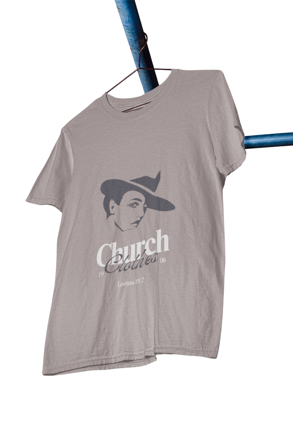 brown t-shirt with graphic design and text on a white background