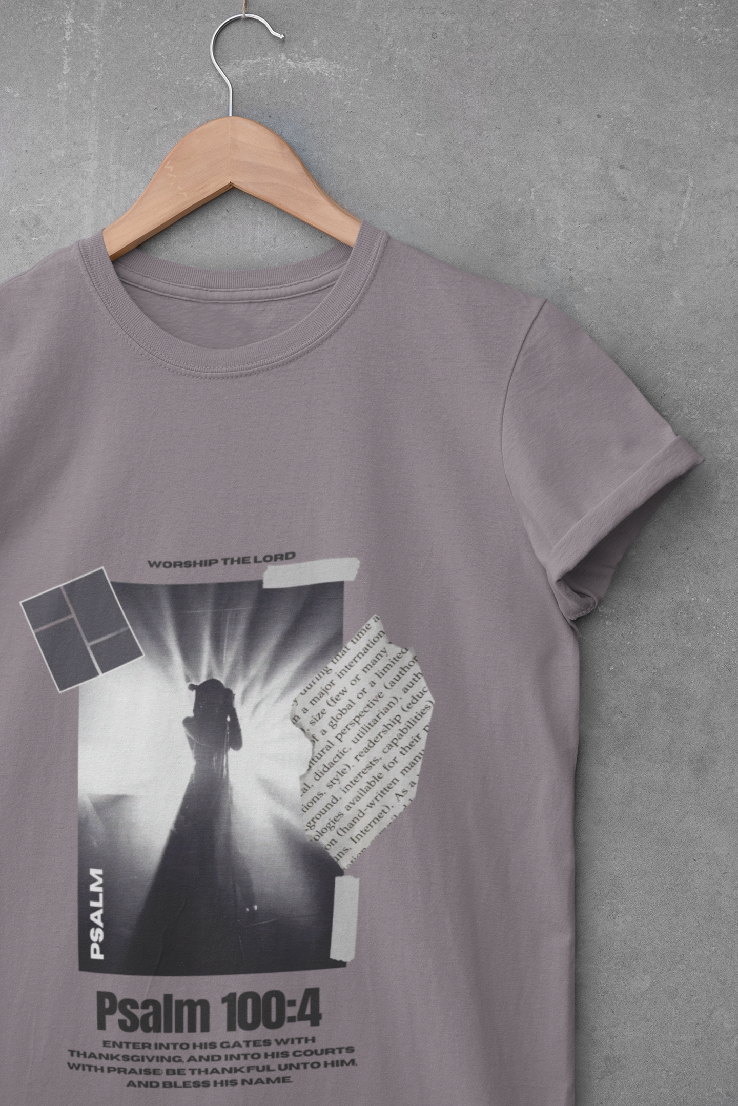 purple t-shirt with graphic design and text on a gray background