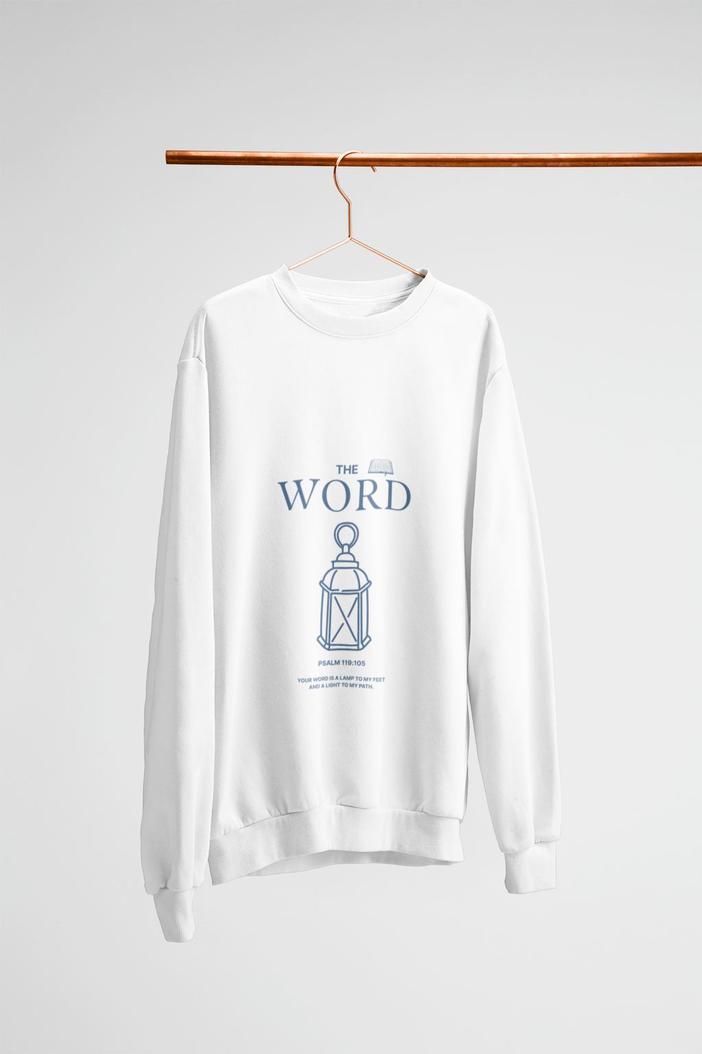 White sweatshirt with blue graphic and text on a hanger against a white background