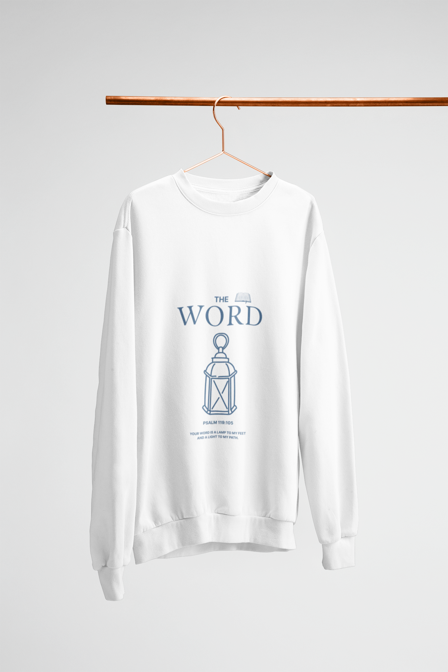 White sweatshirt with blue graphic and text on a hanger against a white background