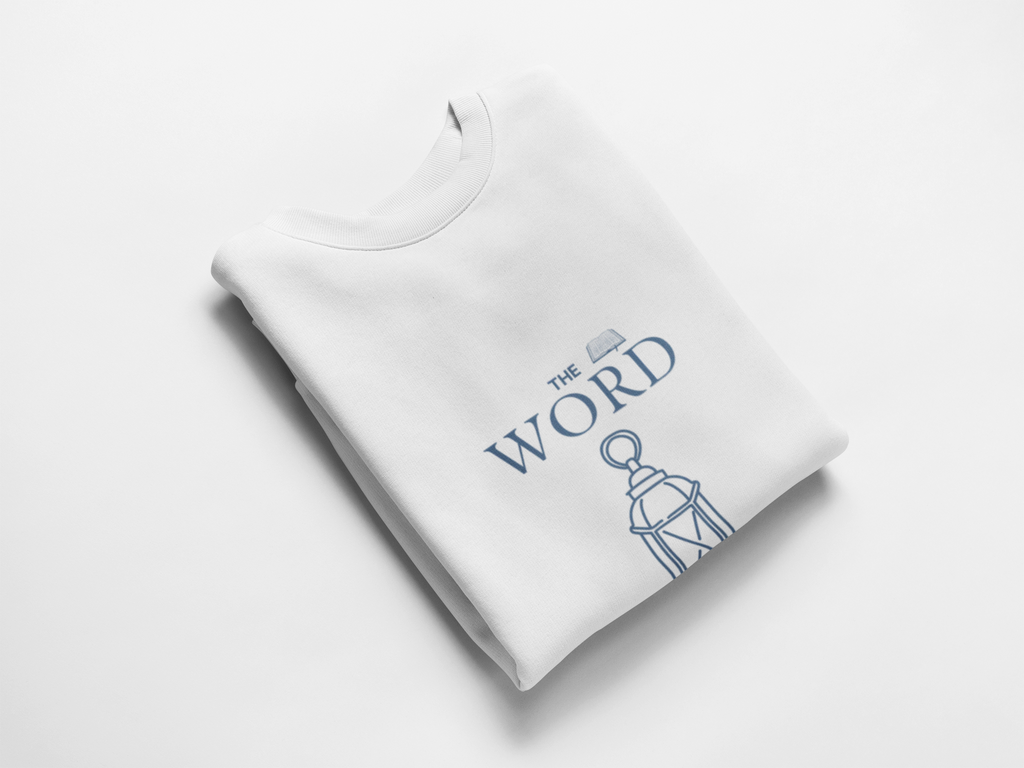 folded White sweatshirt with 'The Word' logo on a white background