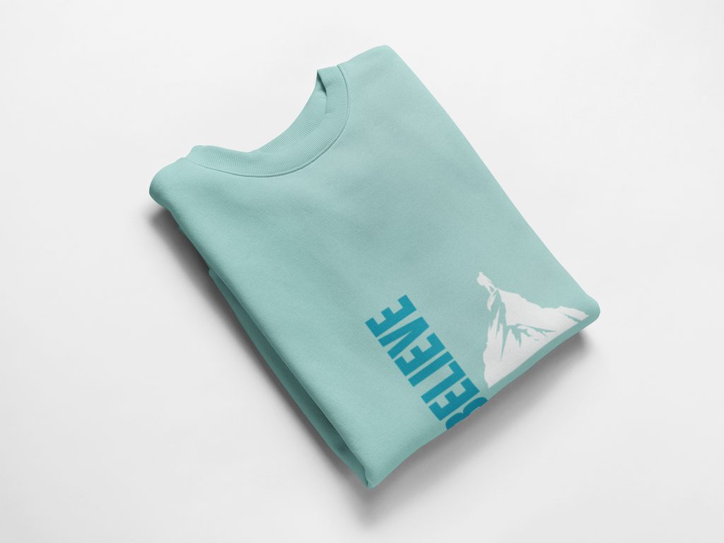Folded light blue sweatshirt with text on a white background