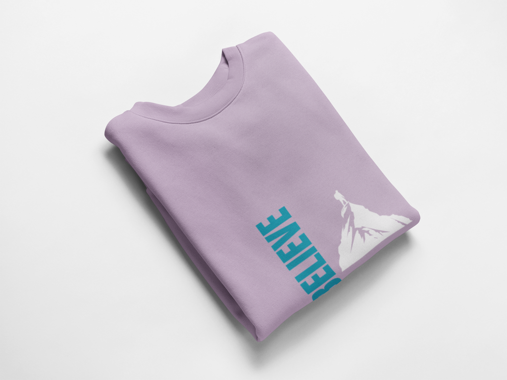 Folded purple sweatshirt with blue and white graphics on a white background