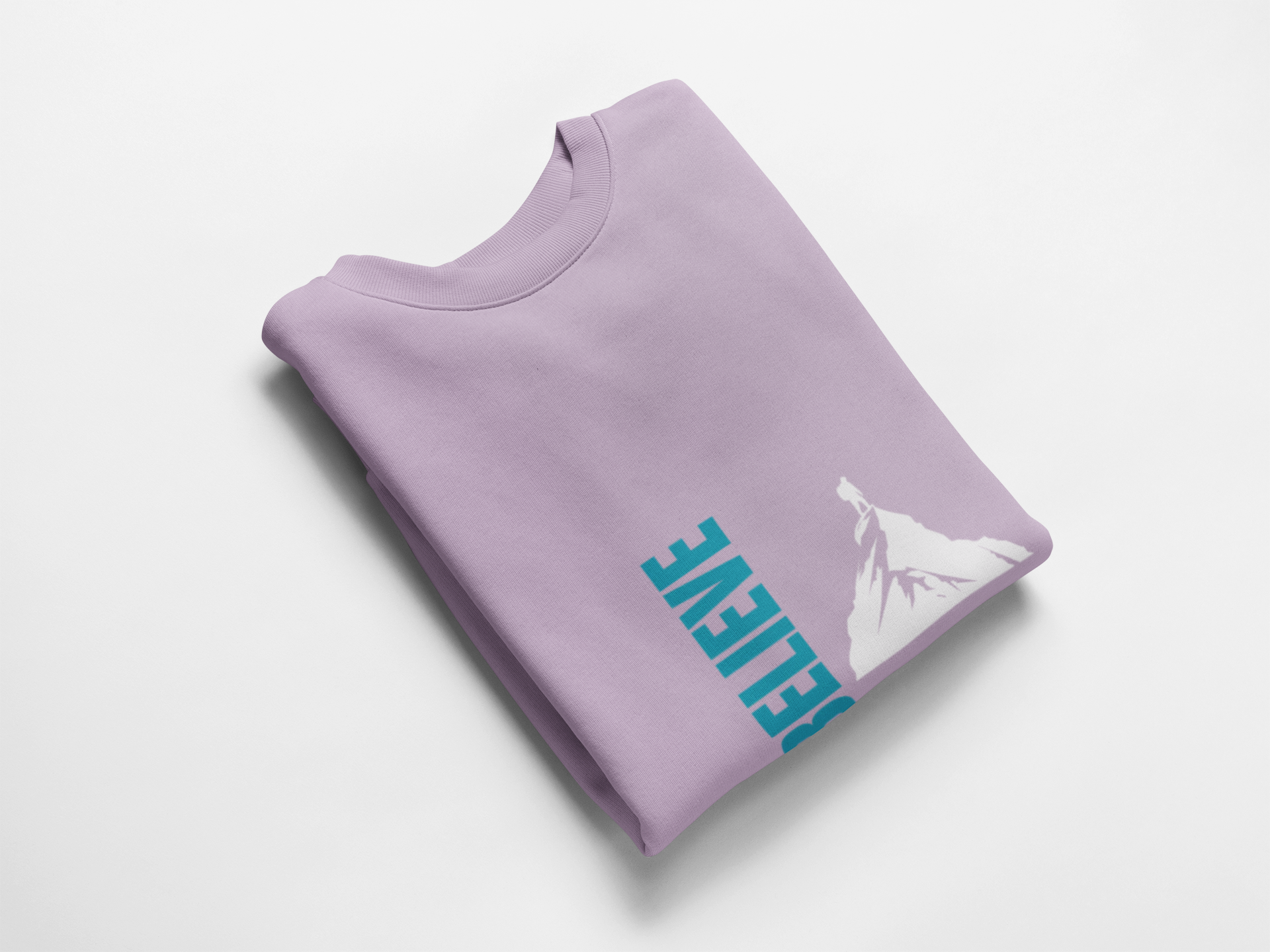 Folded purple sweatshirt with blue and white graphics on a white background