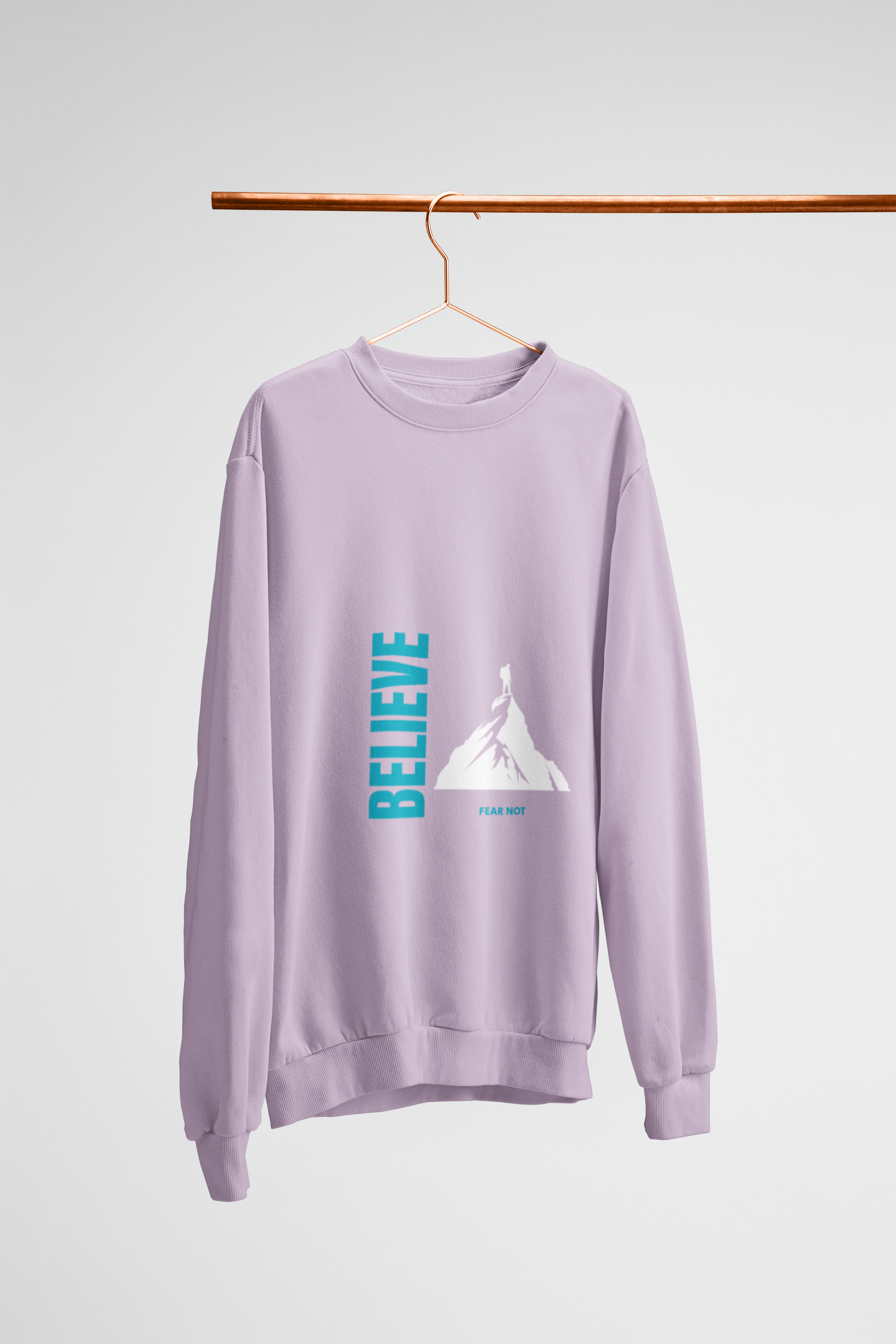 Purple sweatshirt with graphic design on a hanger against a white background