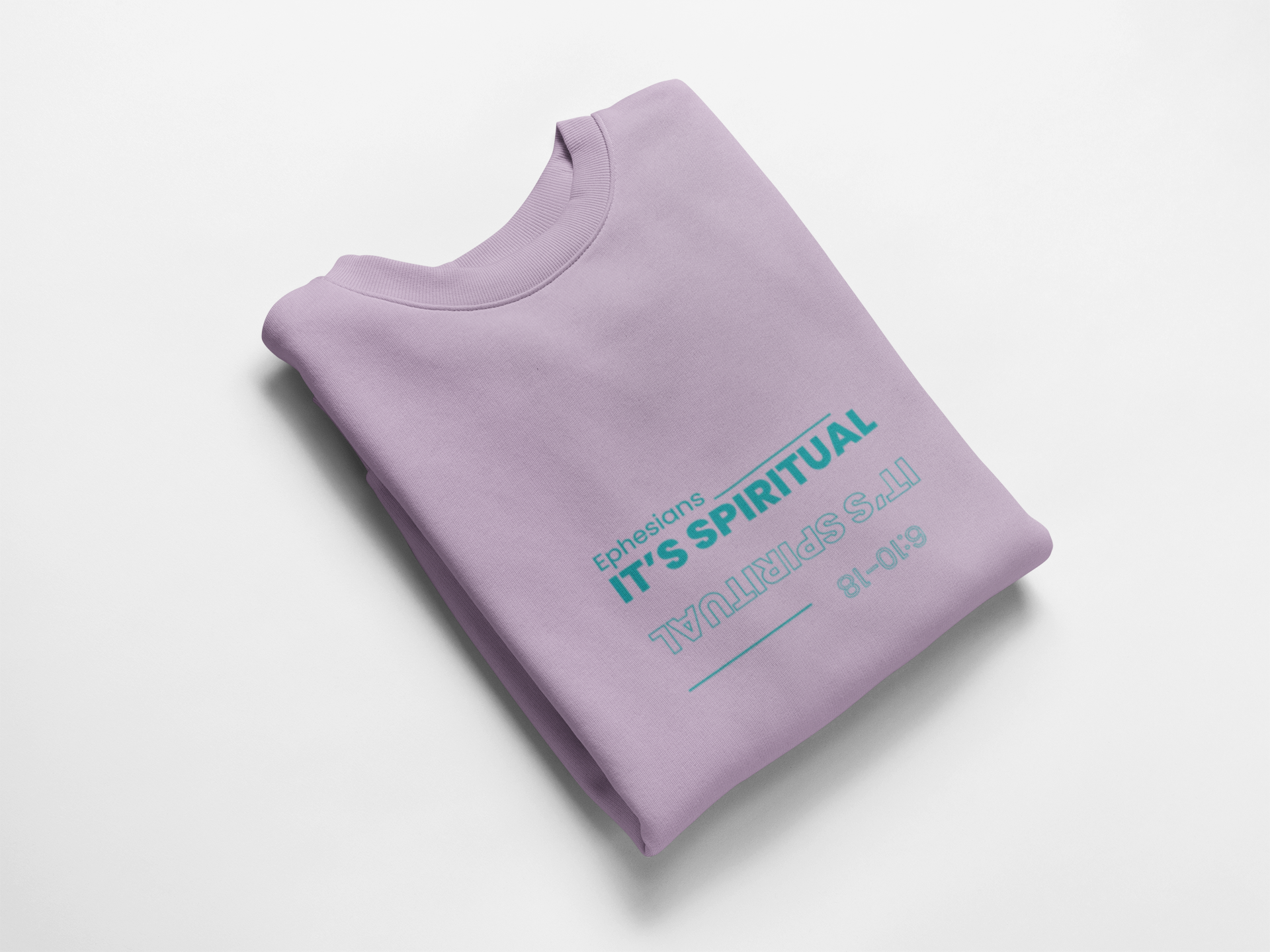 Folded purple sweatshirt with text on a white background