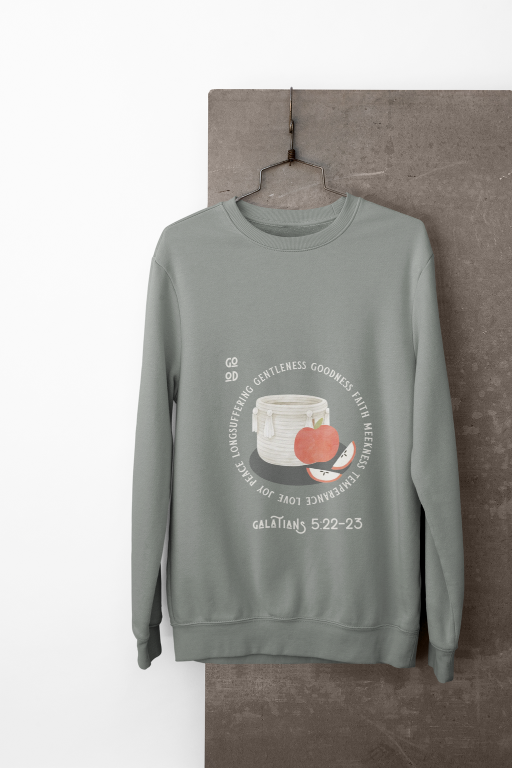 Gray sweatshirt with a graphic design on a white background