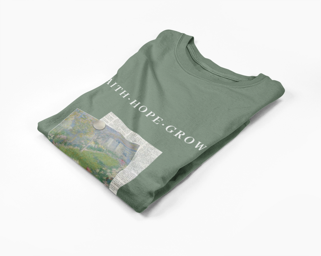 Folded green t-shirt with a printed design and text on a white background