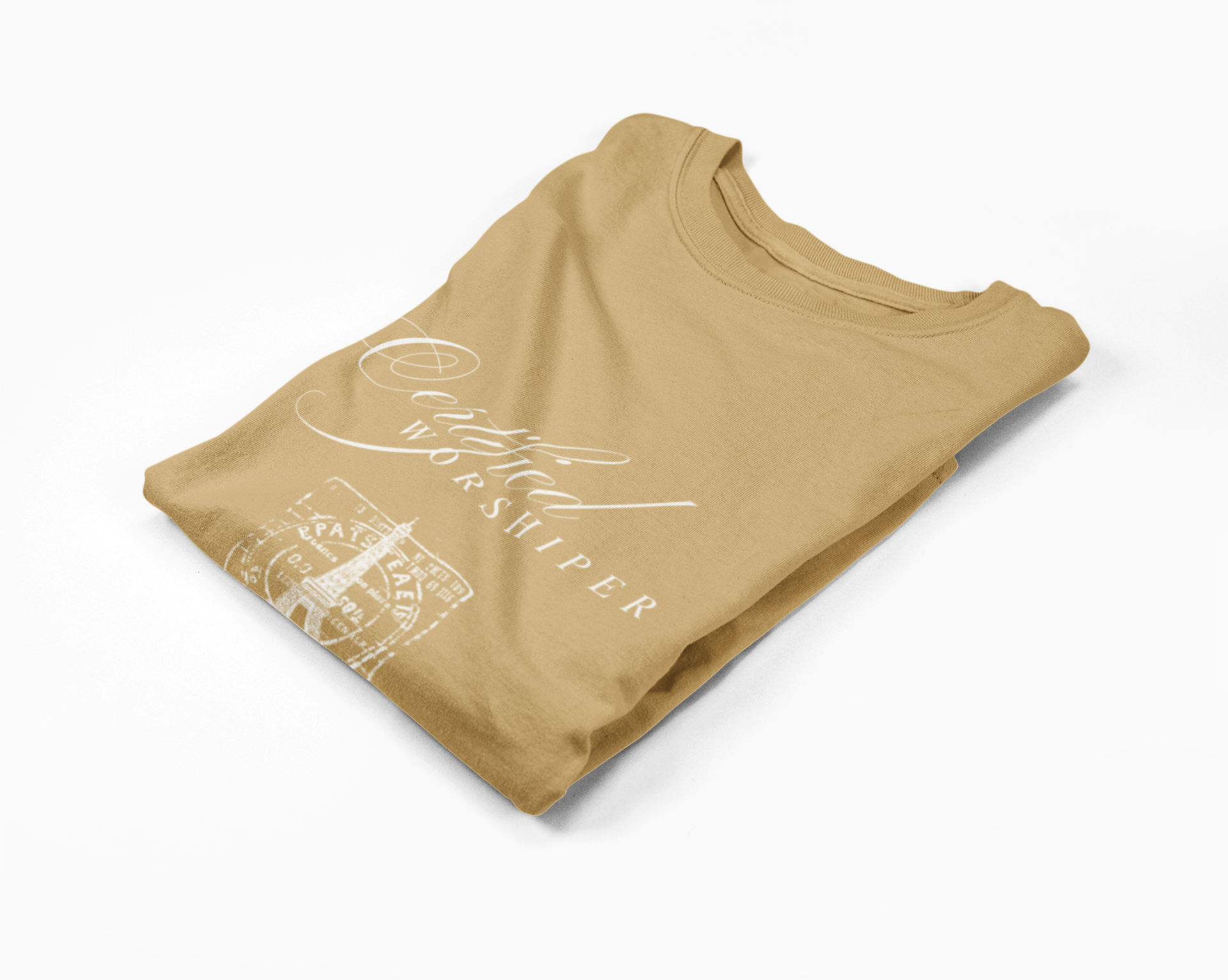 Folded mustard yellow  t-shirt with white text on a white background