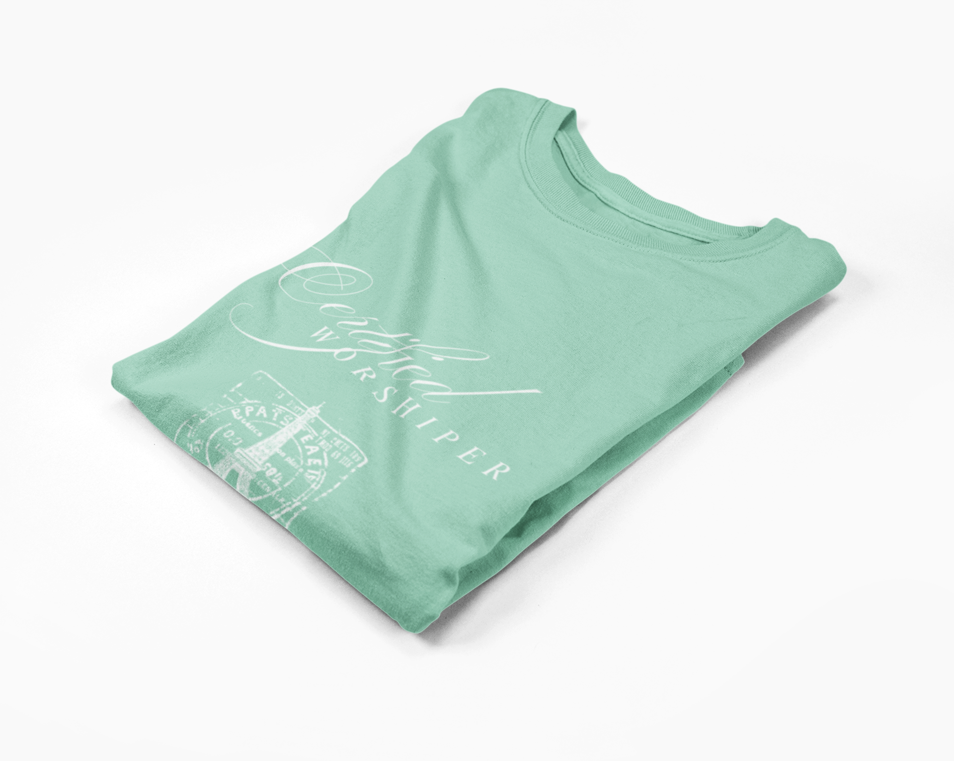 Folded green long-sleevt-shirt with white text on a white background
