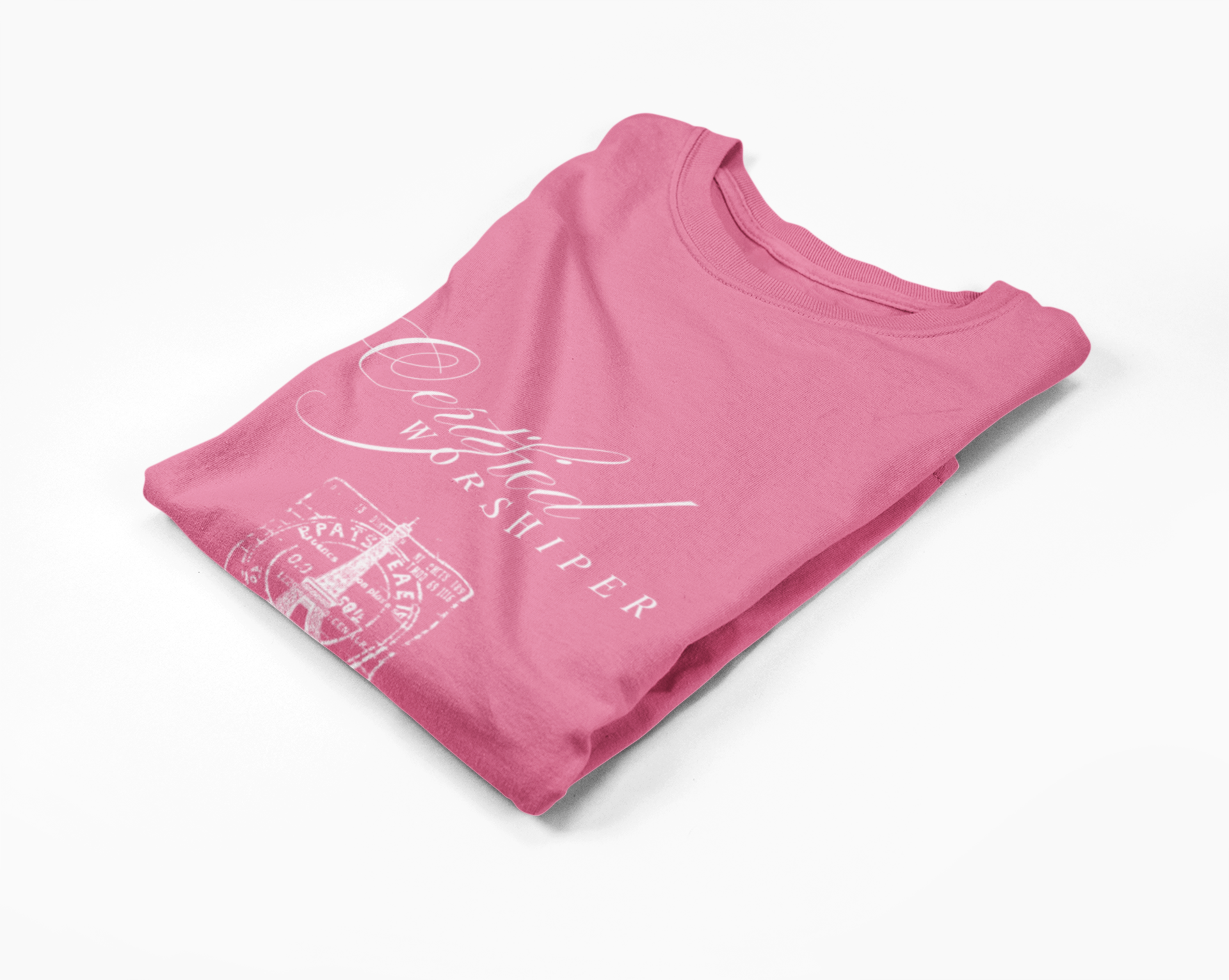 Pink shirt with white text and graphics on a white background