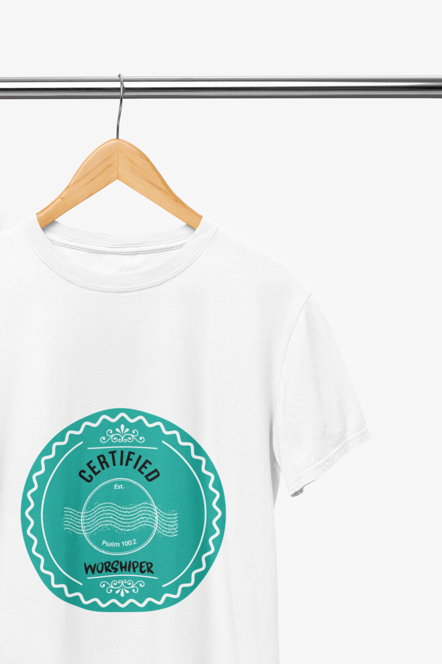 White t-shirt with a turquoise logo on a hanger against a white background