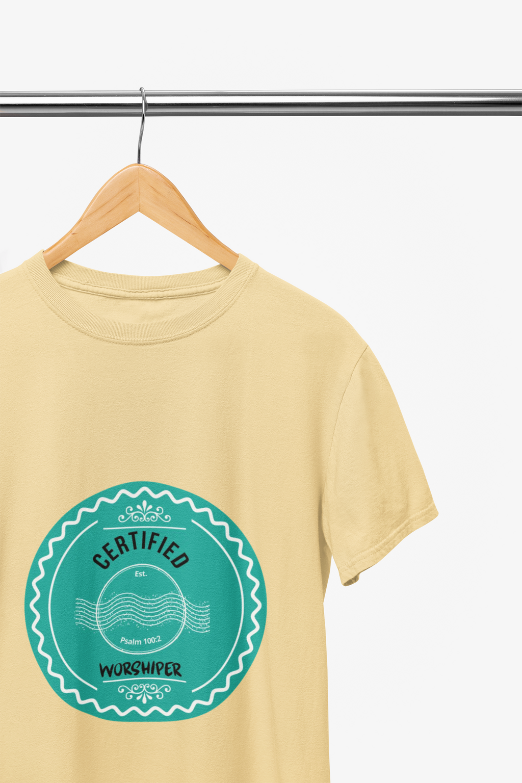 yellow t-shirt with a green 'Certified Wurserper' logo on a hanger against a white background