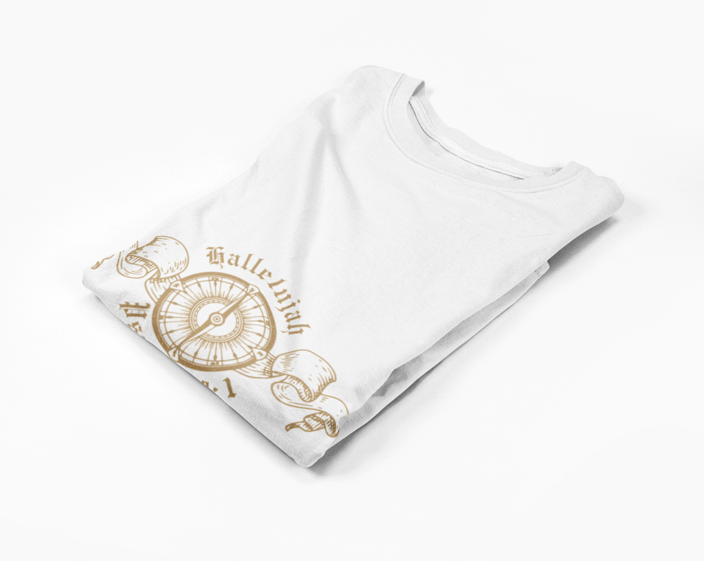 folded White long-sleeve tee with gold compass design on a white background