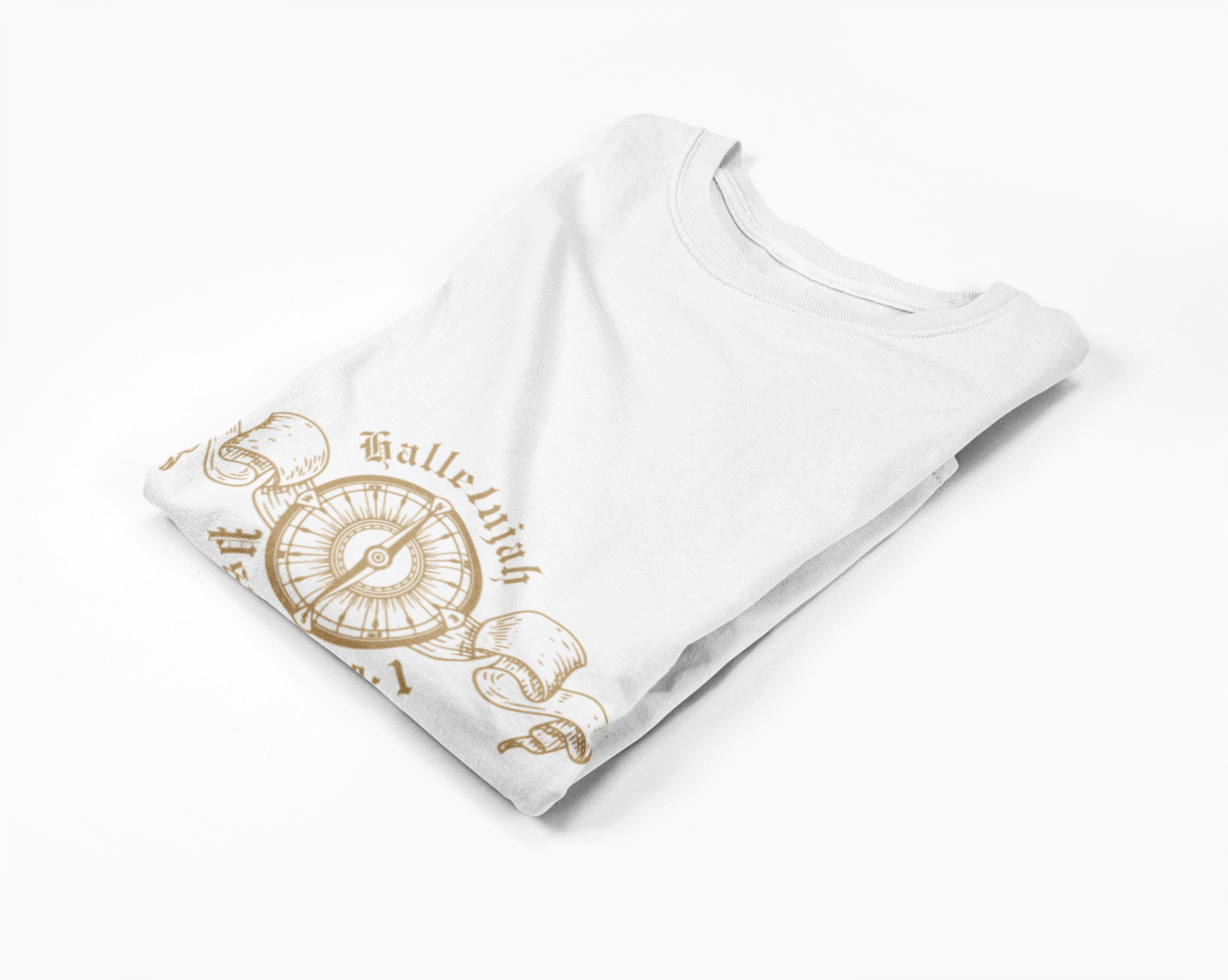 folded White long-sleeve tee with gold compass design on a white background