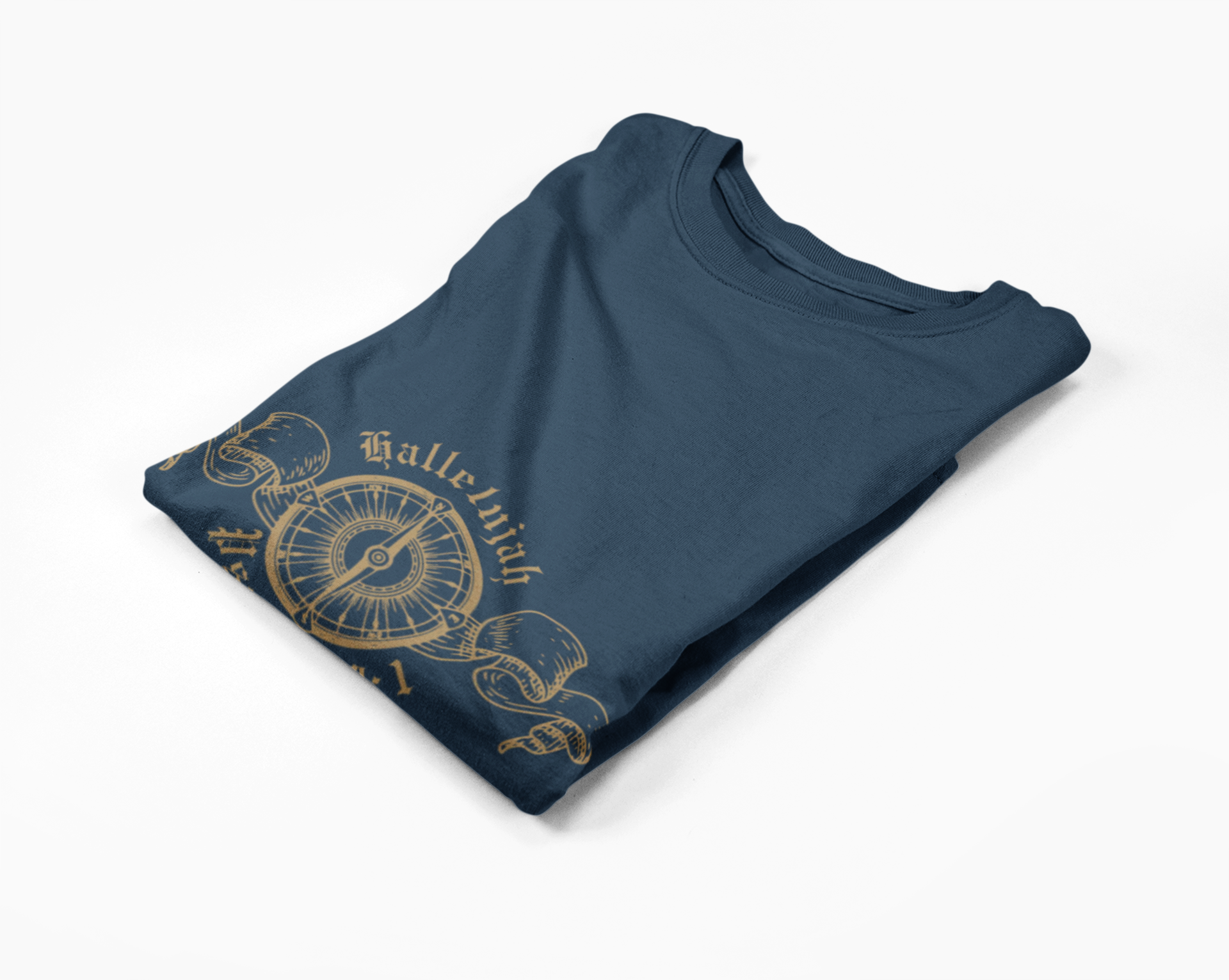 Folded navy blue long-sleeve tee  with gold design on a white background