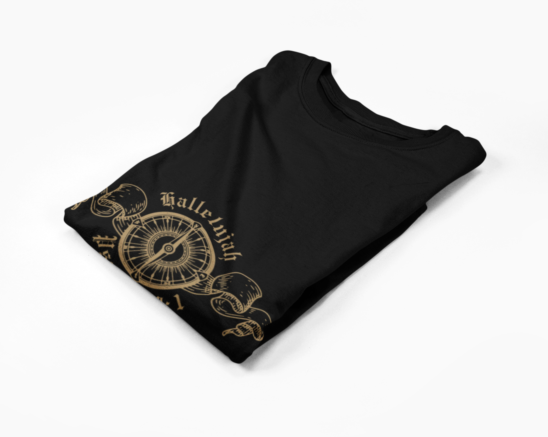 Folded black long-sleeve tee with gold design on a white background