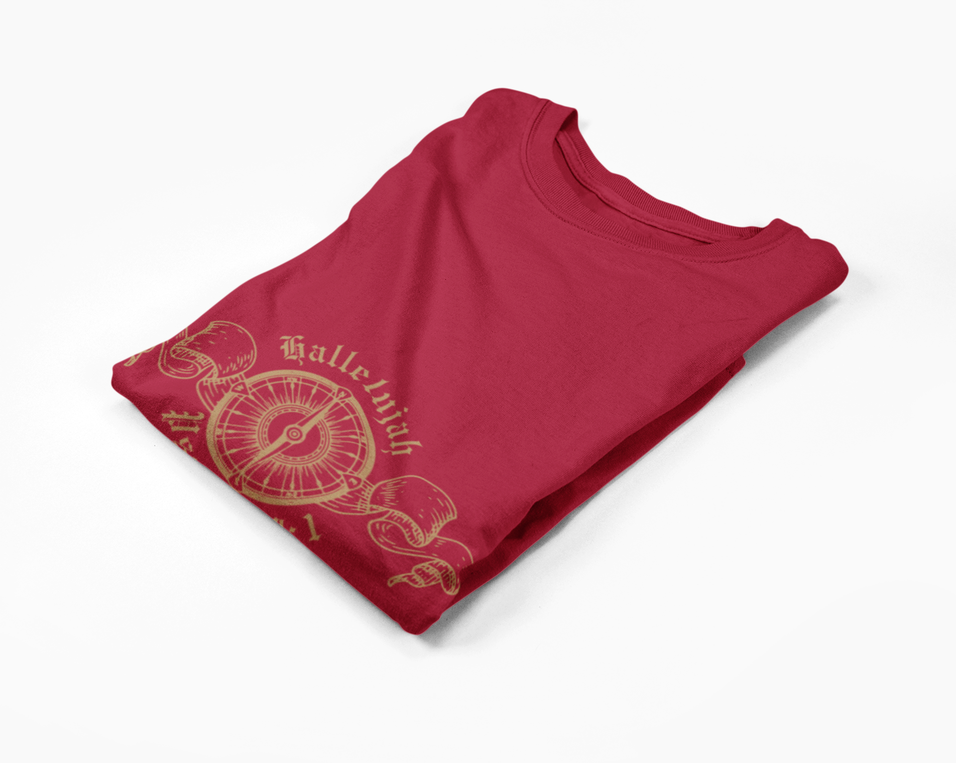 Folded red long-sleeve tee with gold design on a white background