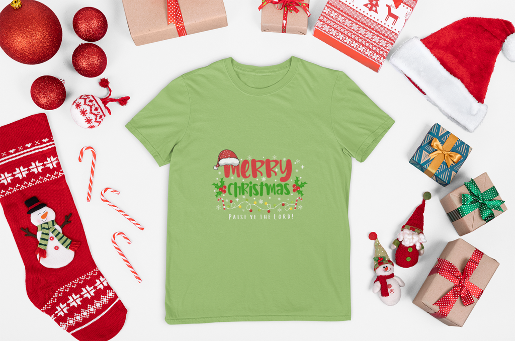 lime Green t-shirt with Christmas design surrounded by festive items on a white background