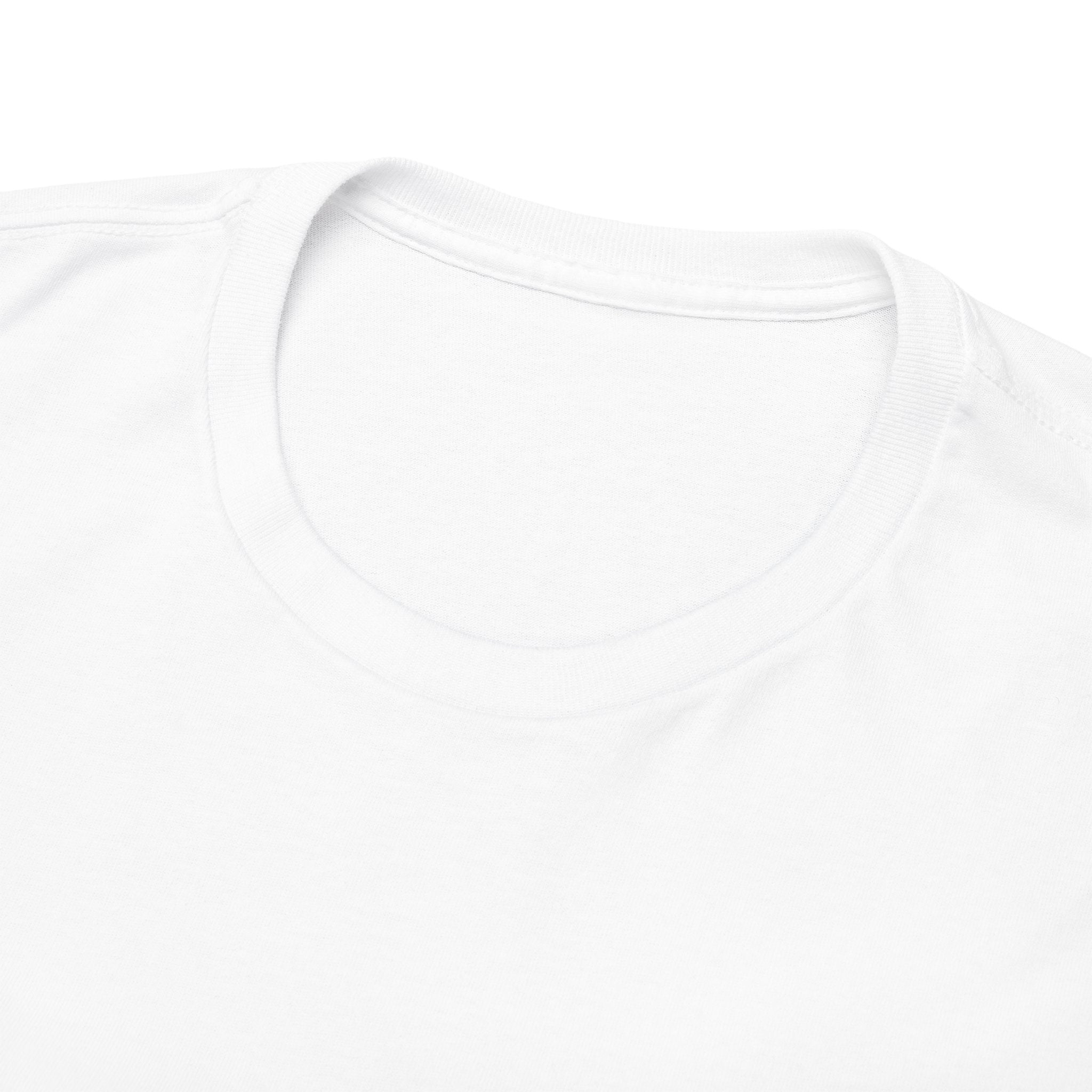 Close-up of a plain white t-shirt with a focus on the neckline.
