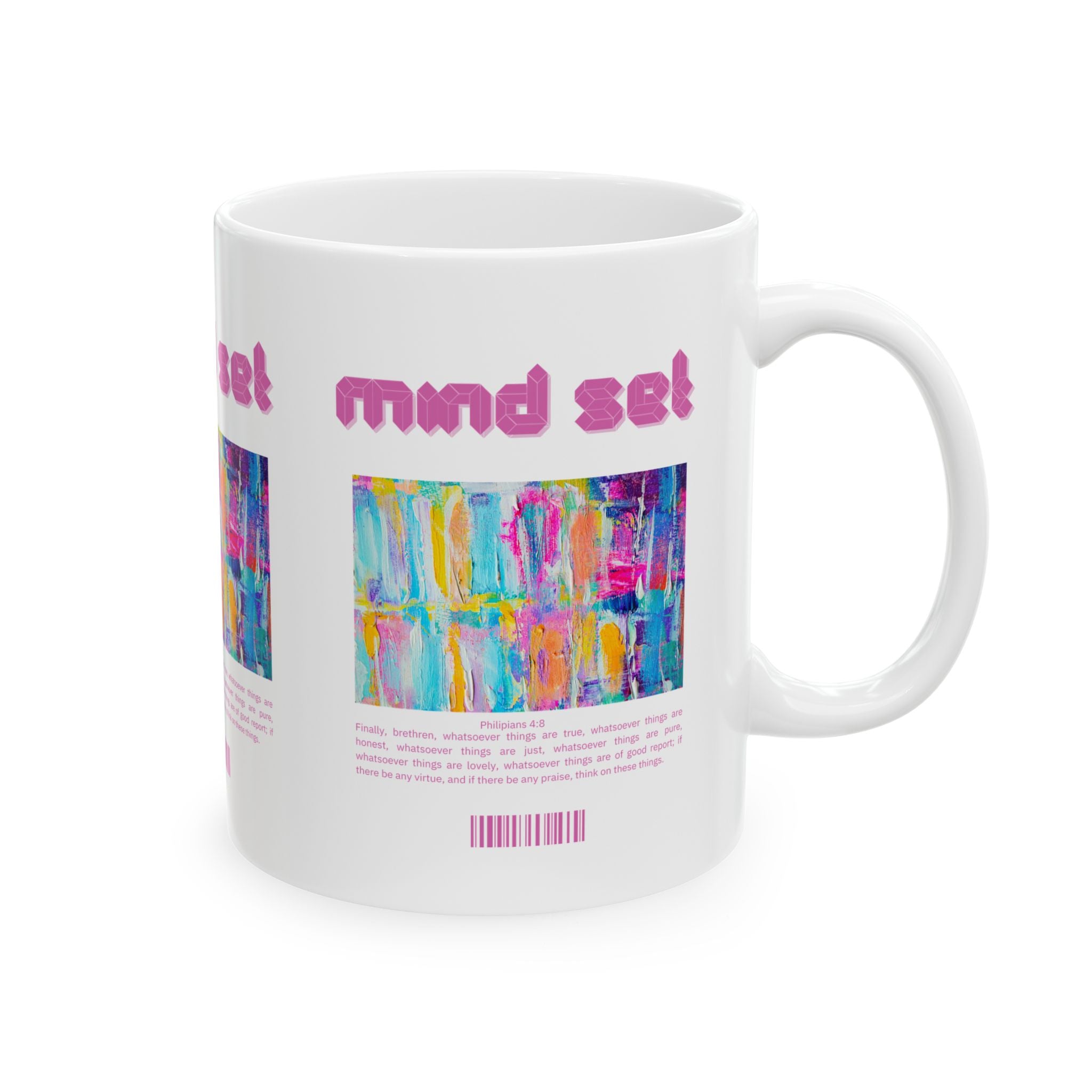 White mug with colorful abstract design and text on a white background
