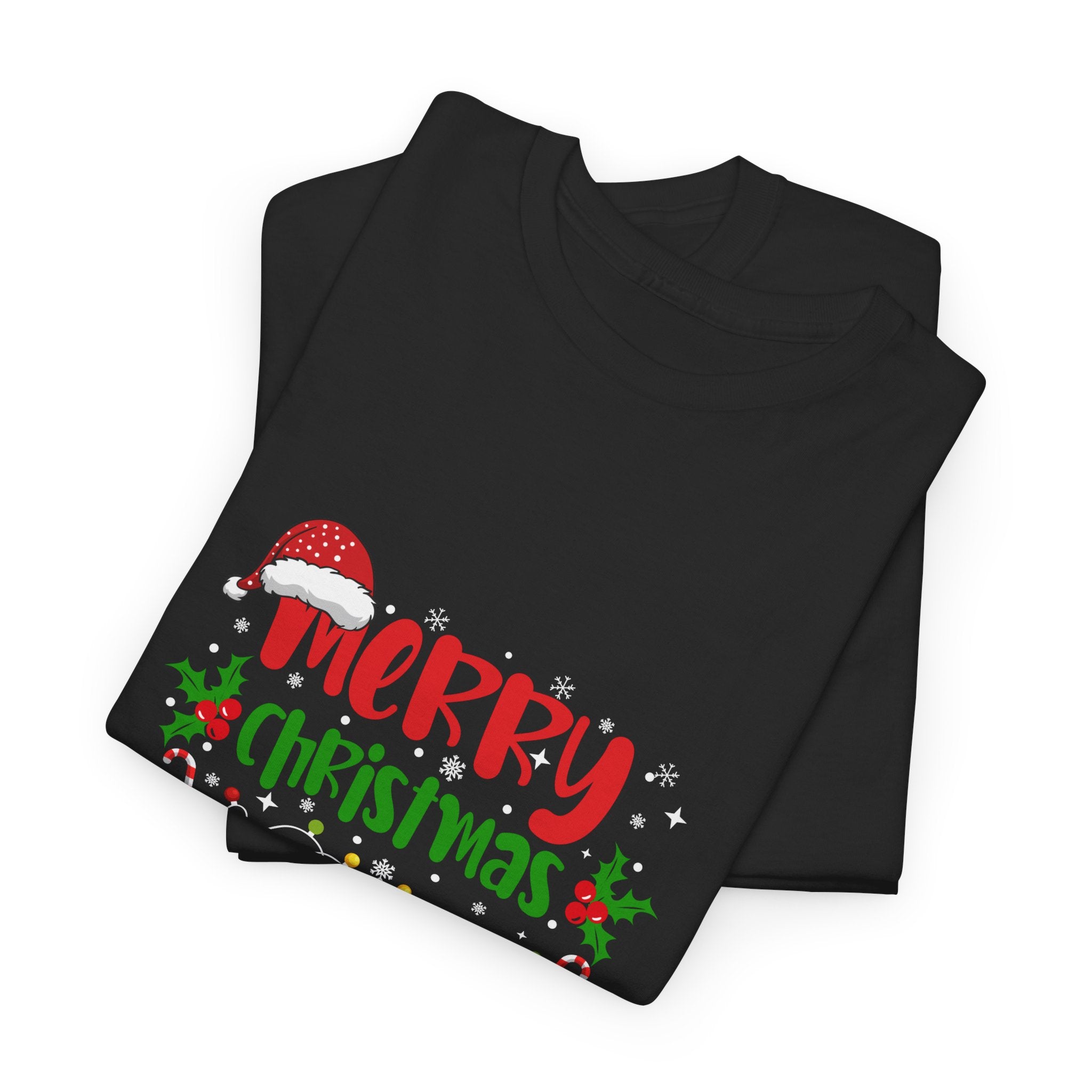 folded Black t-shirt with 'Merry Christmas' design featuring a Santa hat on a white background