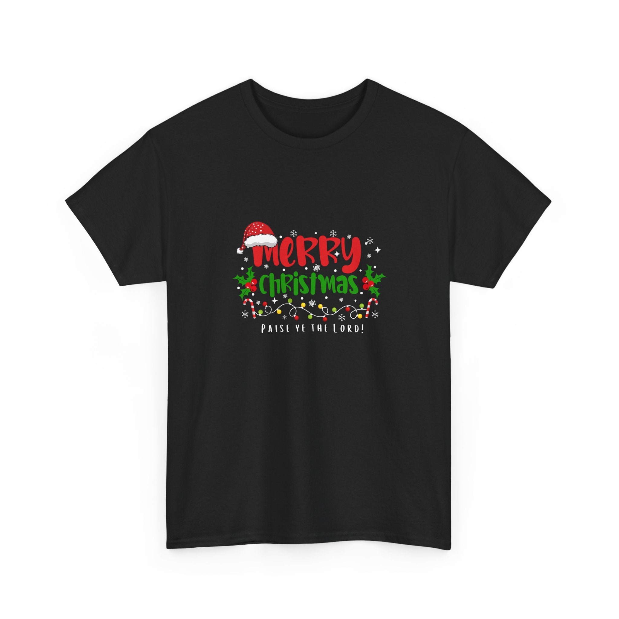Black t-shirt with Christmas-themed design on a white background