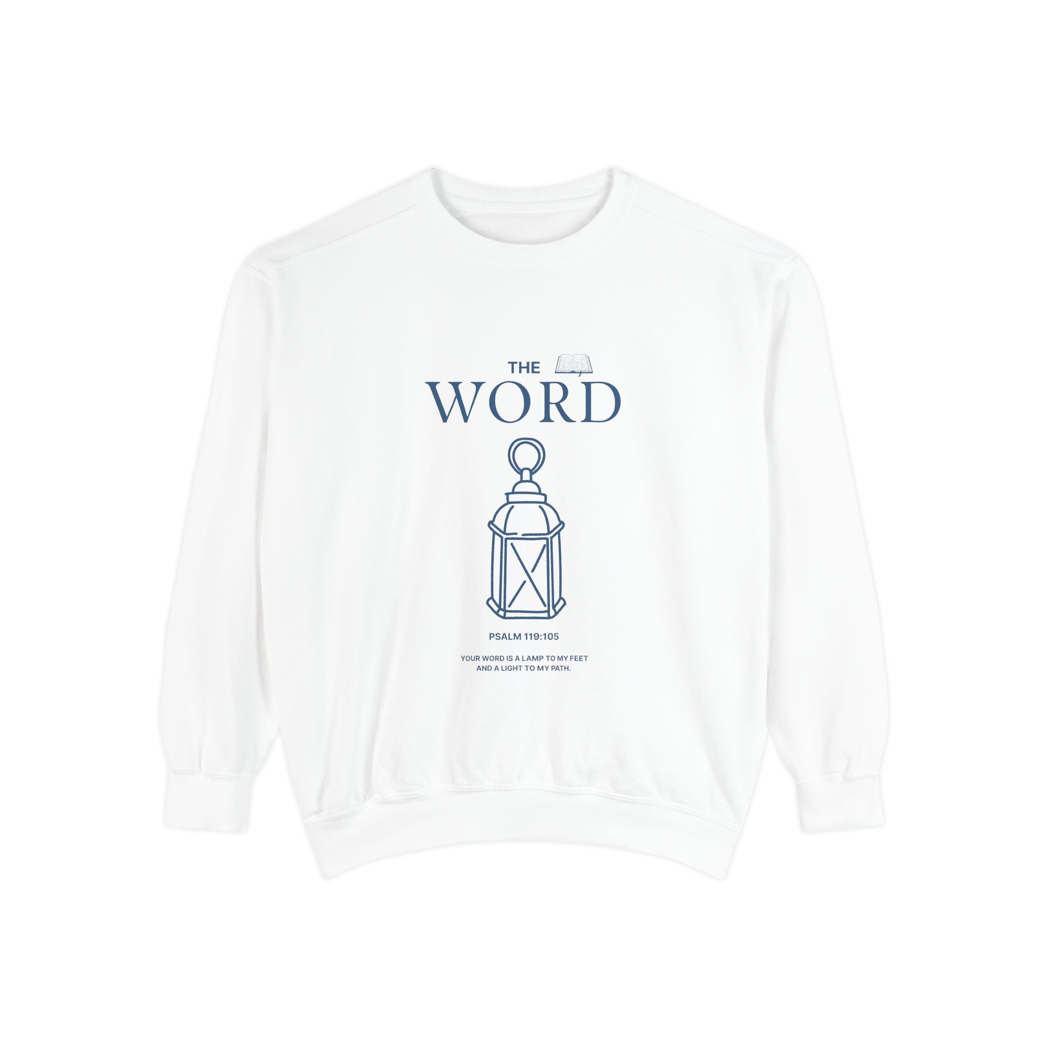White sweatshirt with 'The Word' design featuring a lantern on a white background