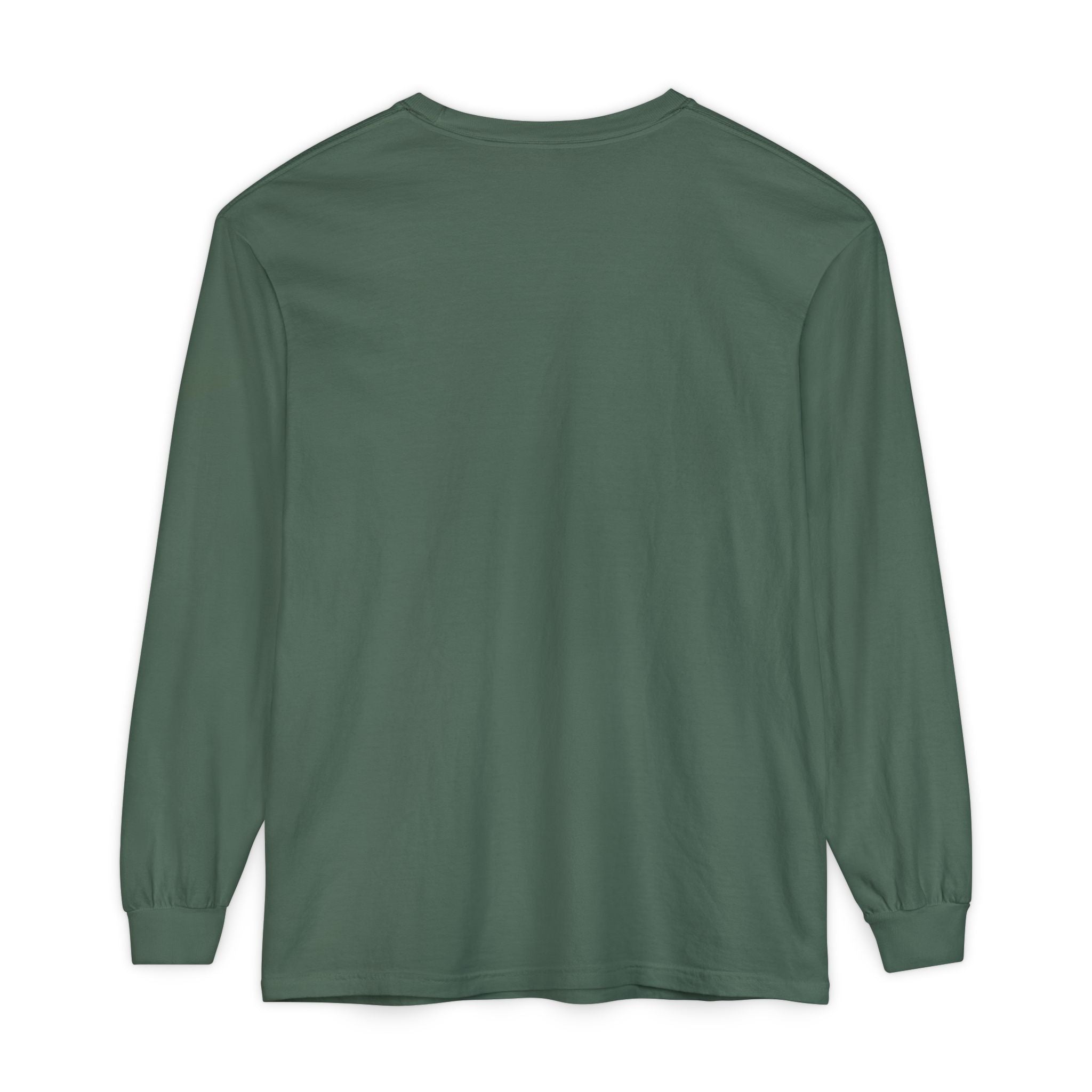 plain back view of Green long-sleeve shirt on a white background