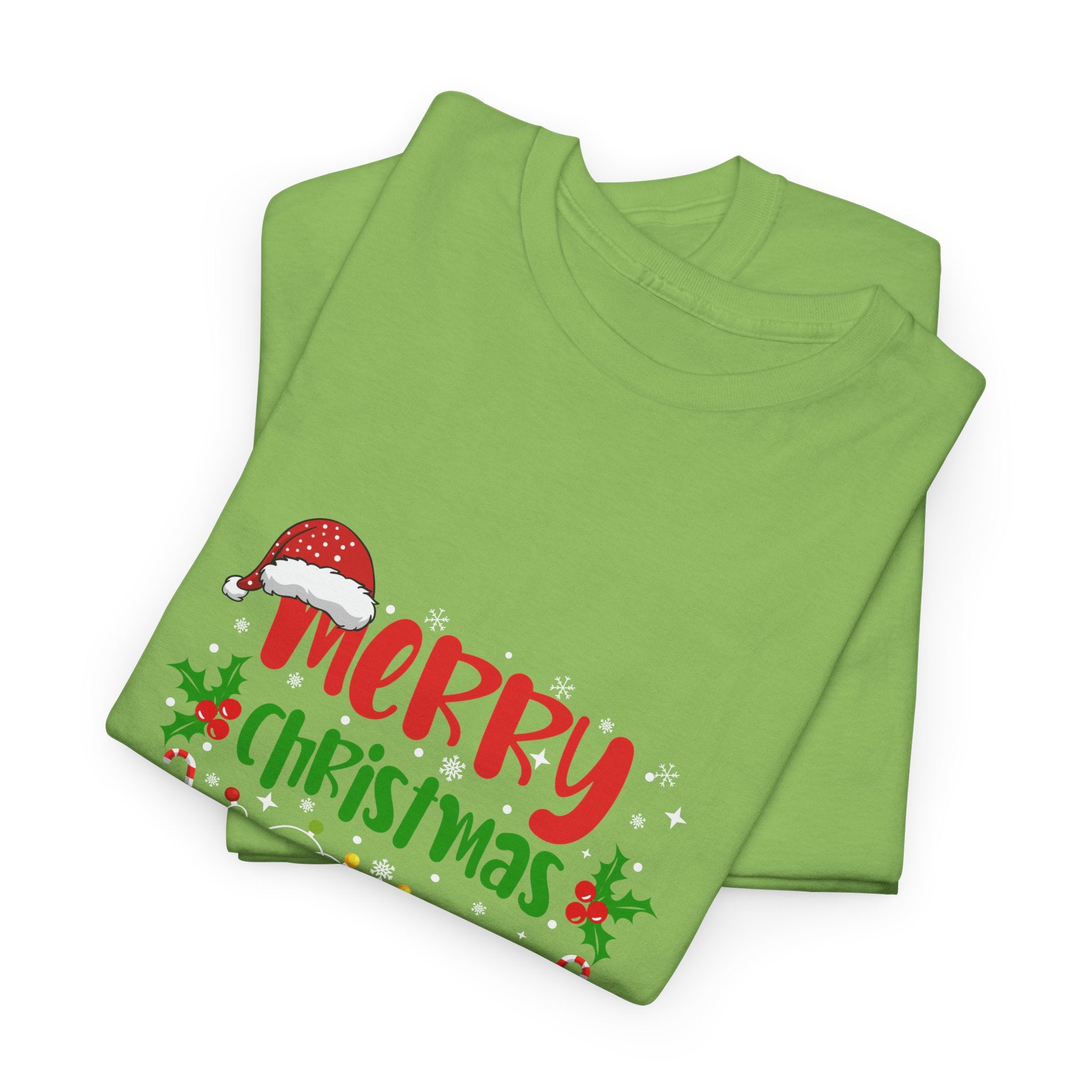 folded lime Green t-shirt with 'Merry Christmas' text and Santa hat design on a white background