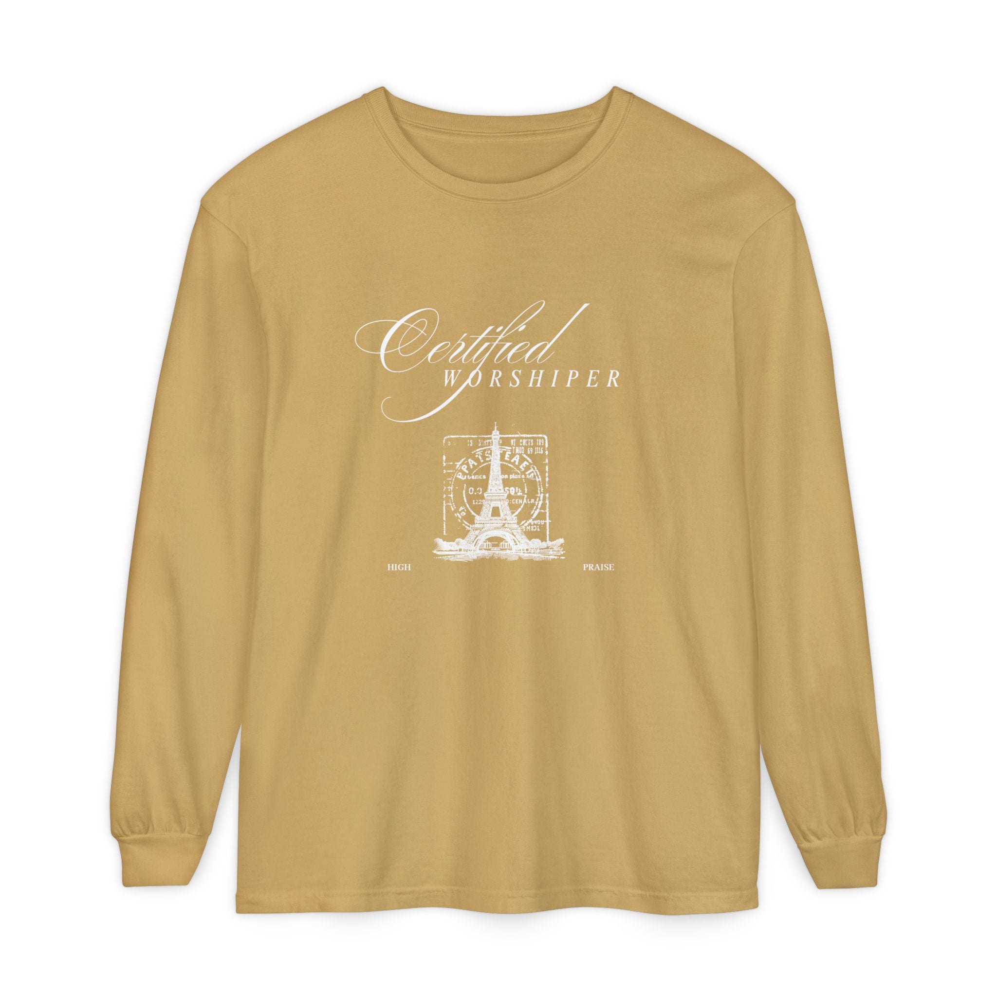 Mustard yellow long-sleeve shirt with 'Certified Worshipper' text and graphic on a white background